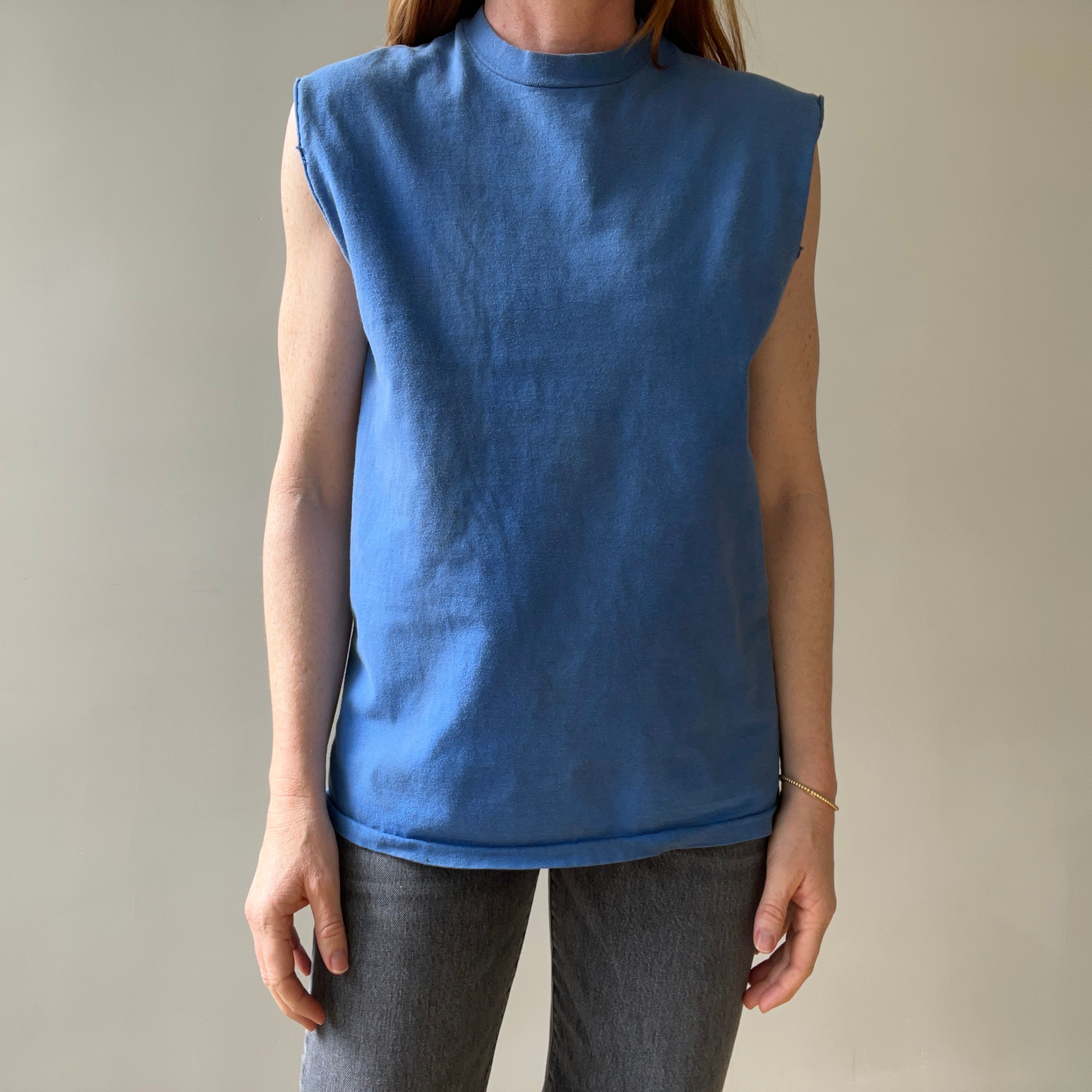 1990s Blank Blue Cut Off T Shirt