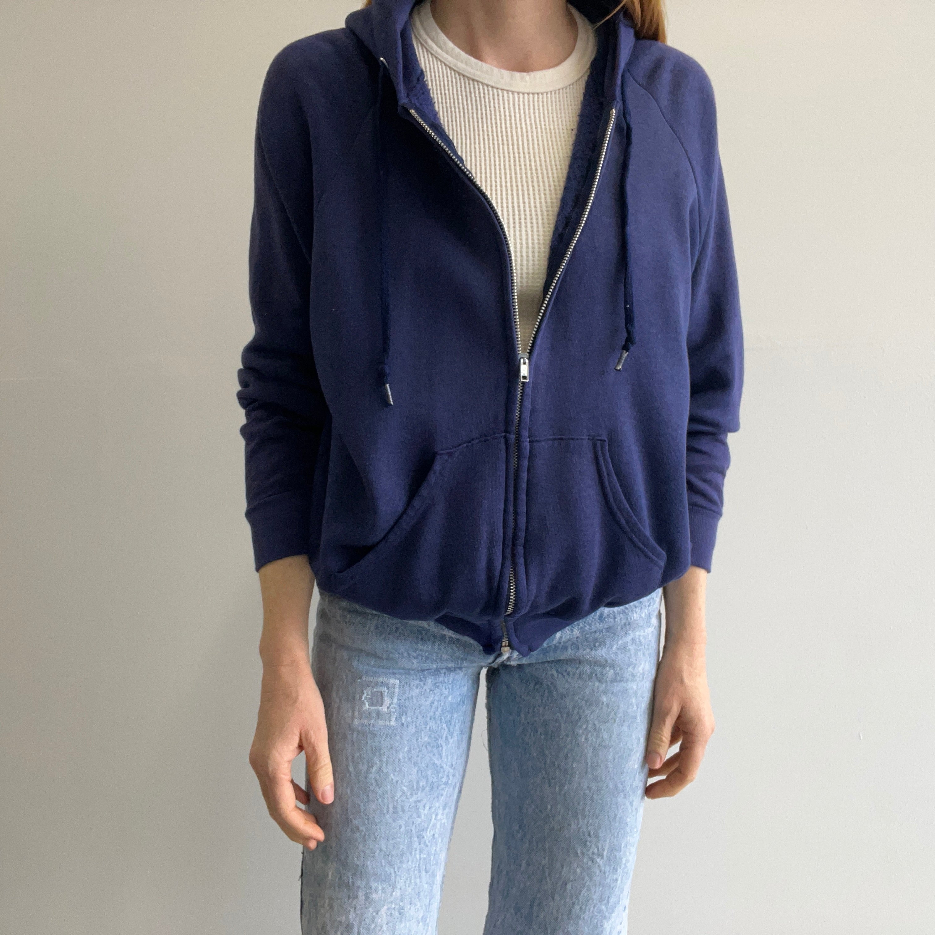 1970s Super Soft, Thin and Slouchy Faded Navy Hoodie