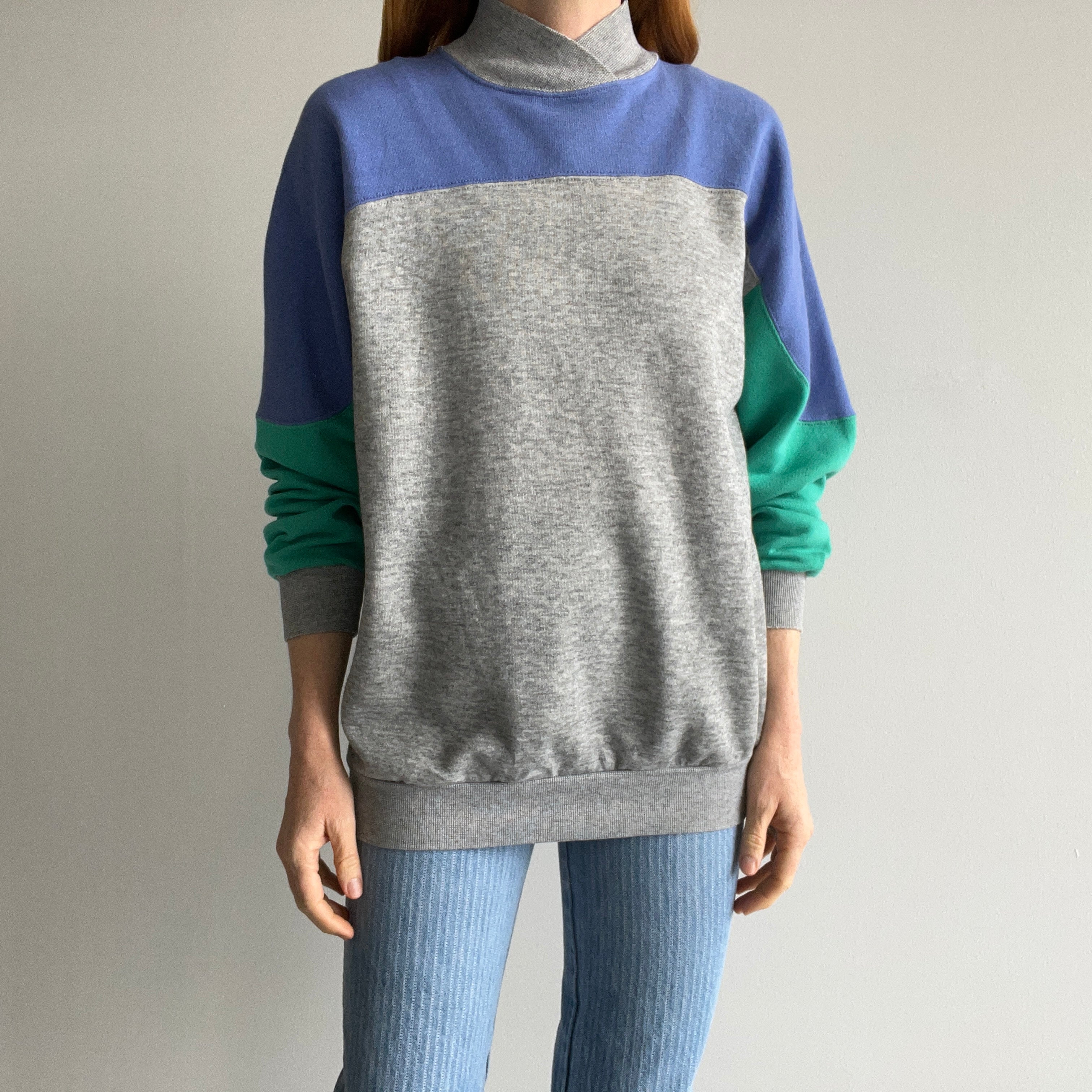 1980s Color Block Slightly Mock Neck Sweatshirt