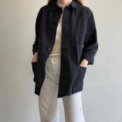 1970s Re Dyed Black Herringbone Twill Nicely Stained Cotton Chore Coat