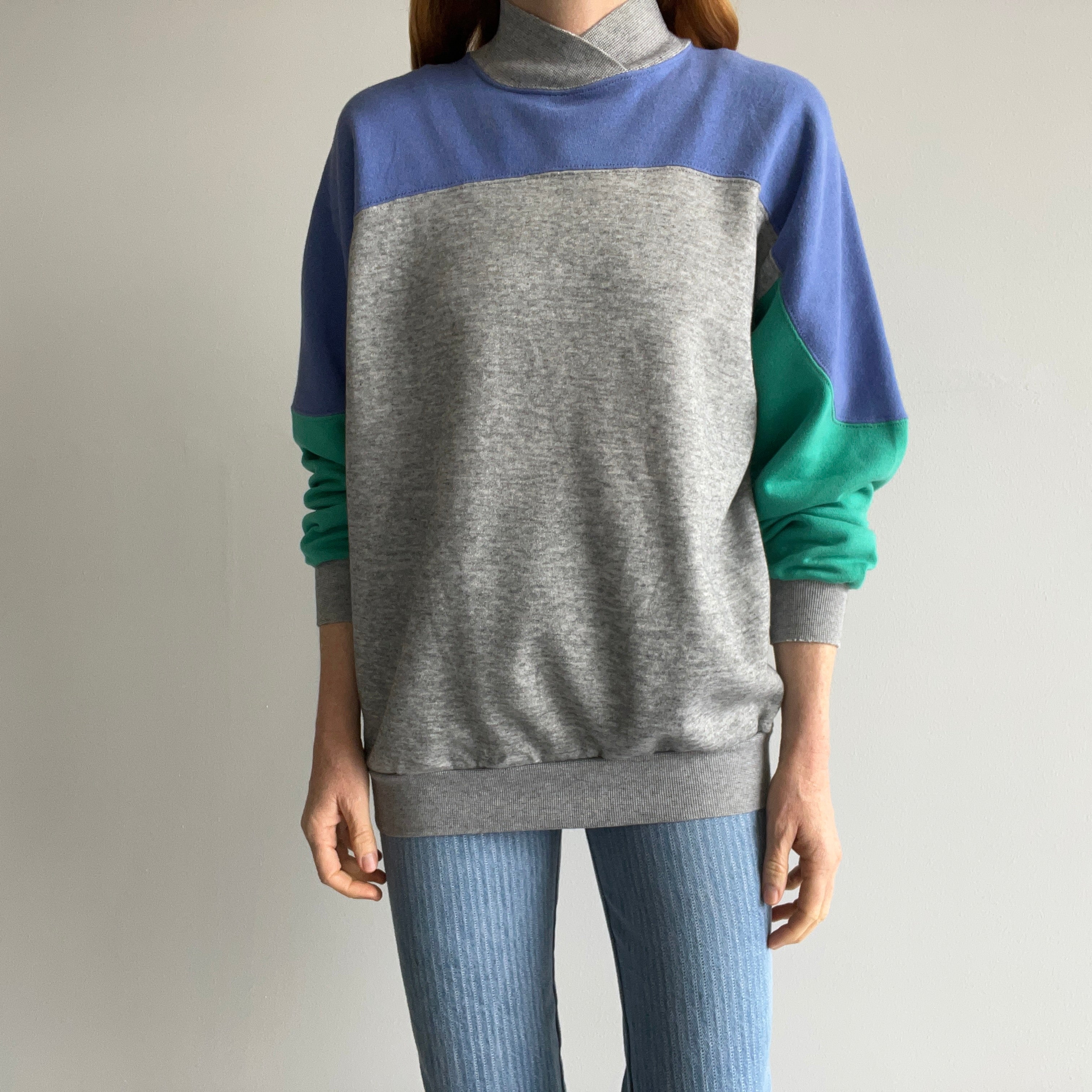 1980s Color Block Slightly Mock Neck Sweatshirt