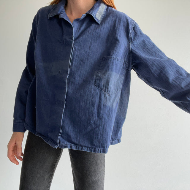 1990s Women's Herringbone Twill HBT Cropped Chore Shirt with Sun Fading