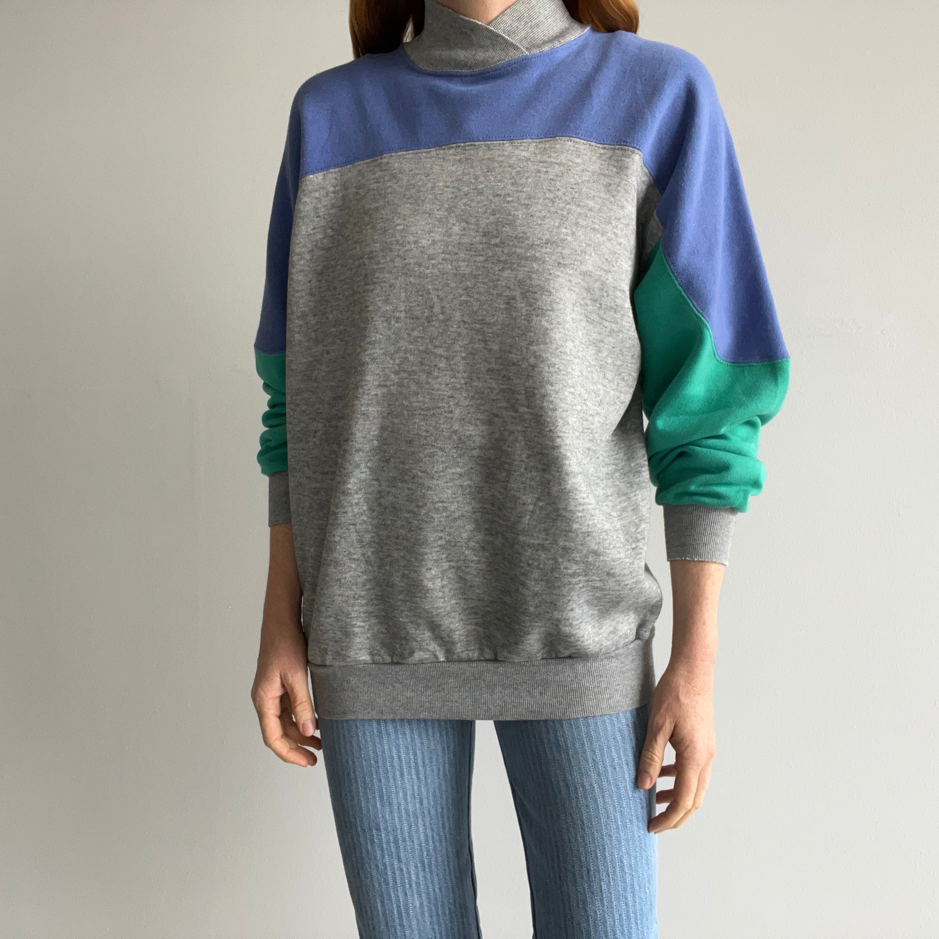 1980s Color Block Slightly Mock Neck Sweatshirt