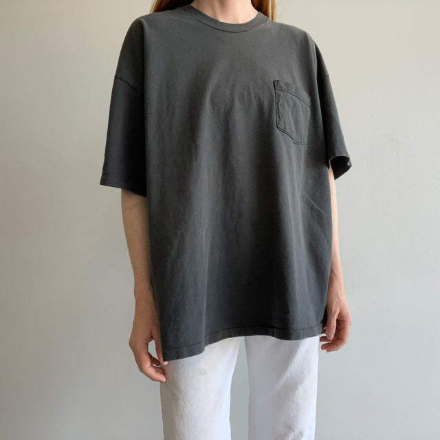 1990s Sun Faded Blank Black Cotton Pocket T-Shirt