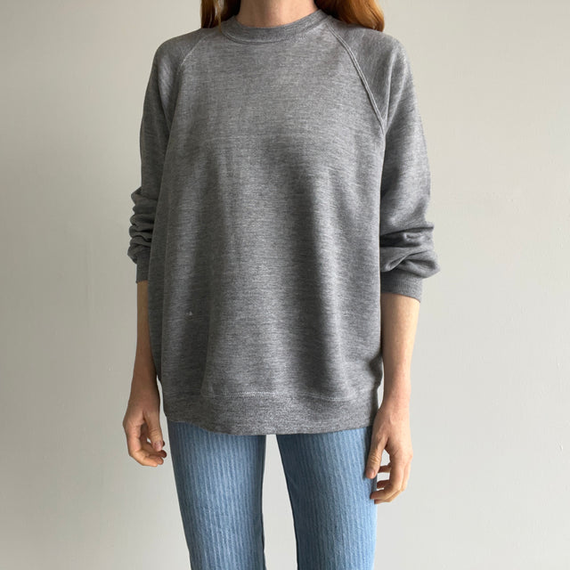 1980s Jerzees by Russell Perfectly 80s Gray Raglan Sweatshirt with a Single Bleach Stain