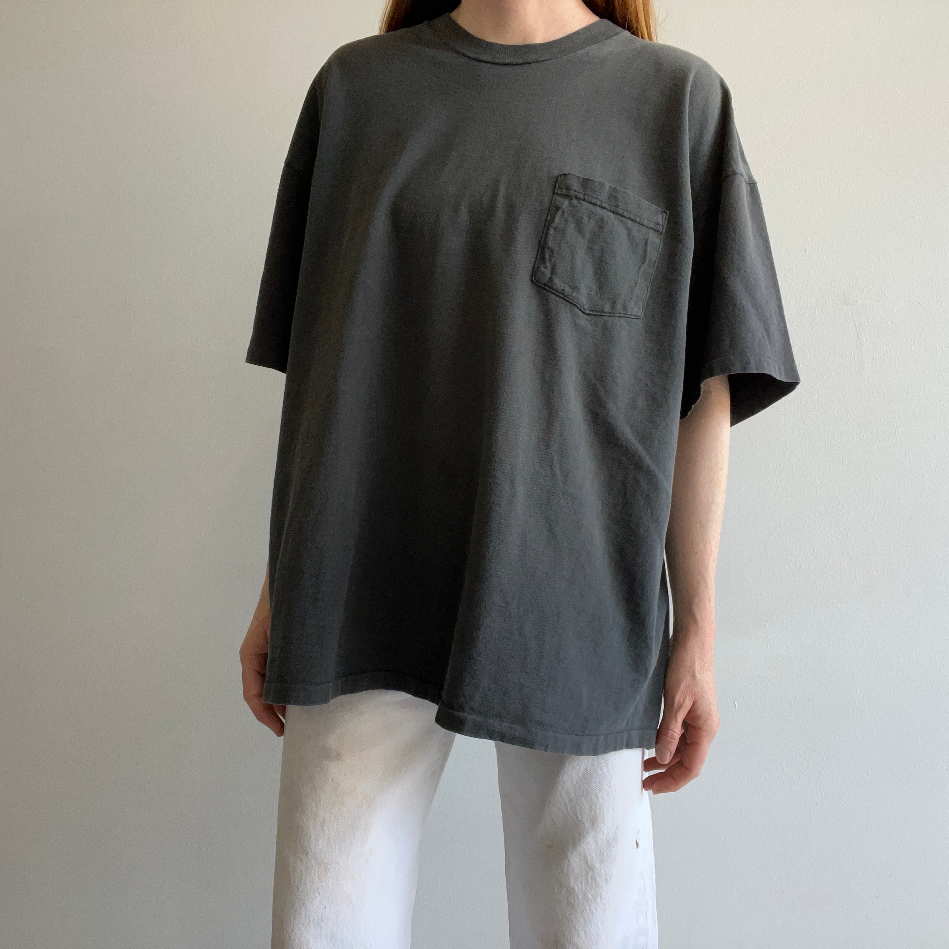 1990s Sun Faded Blank Black Cotton Pocket T-Shirt