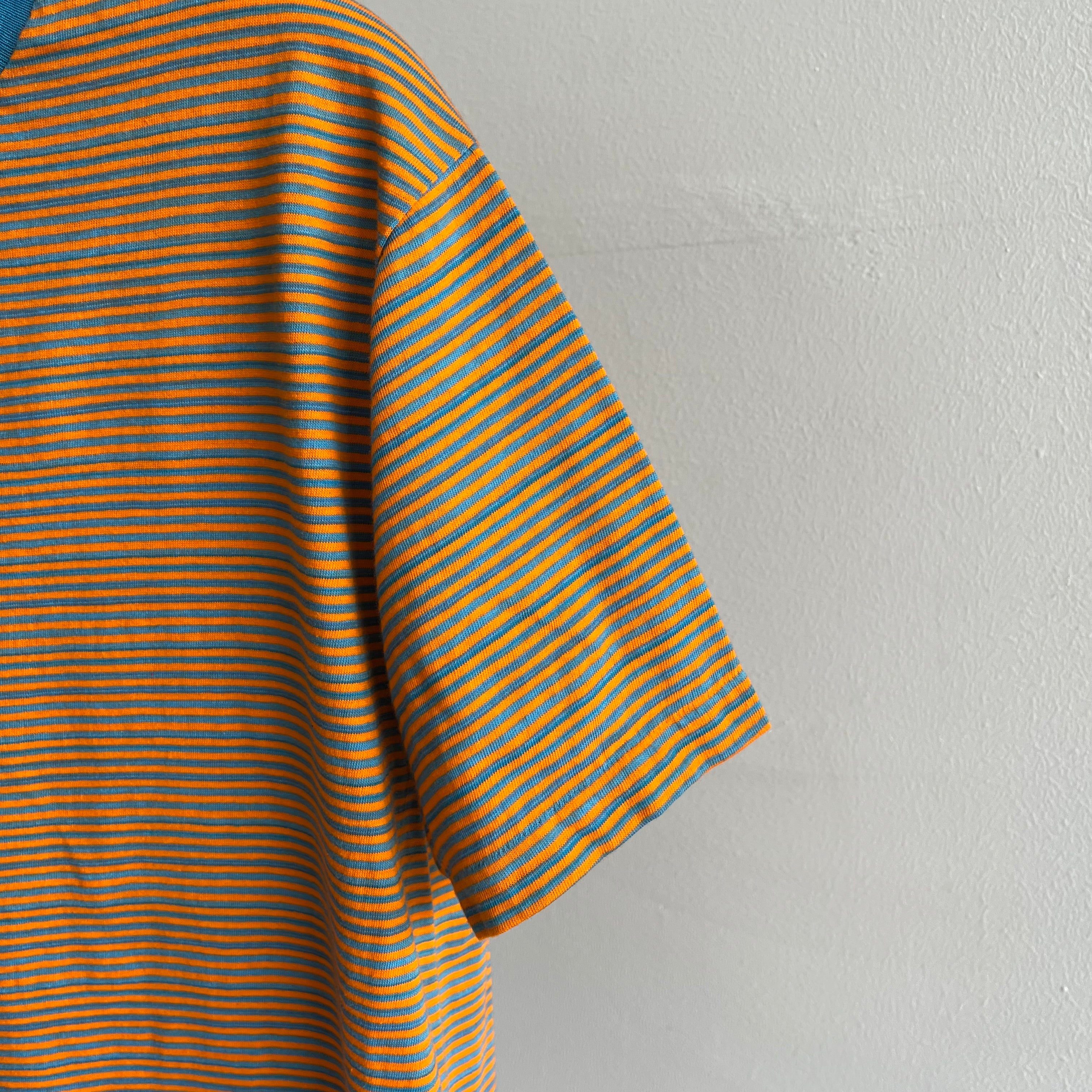 1970s Orange and Blue Striped Cotton T-Shirt