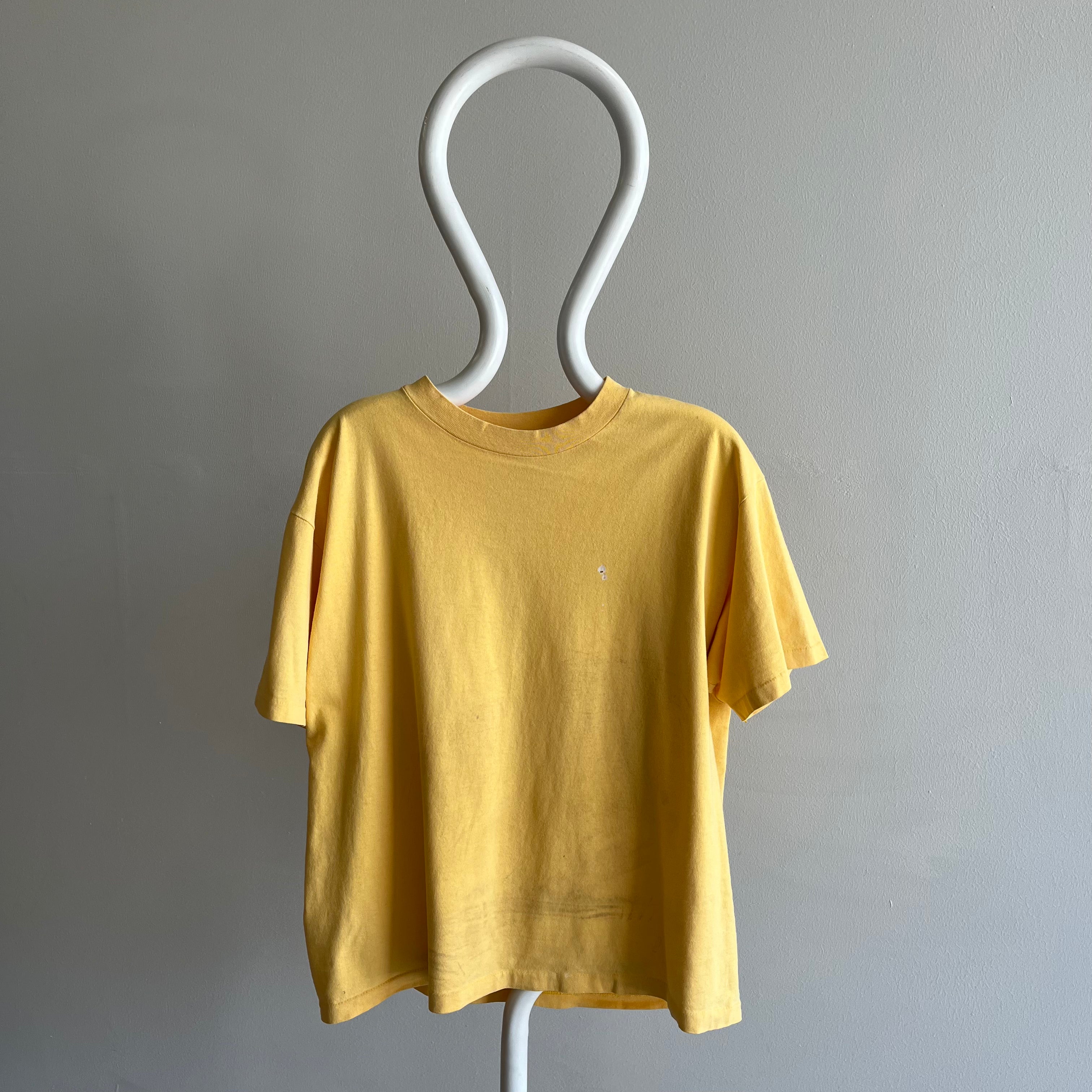 1990s Pale Buttery Yellow HHW Nicely Stained in All the Right Ways Cotton T-Shirt