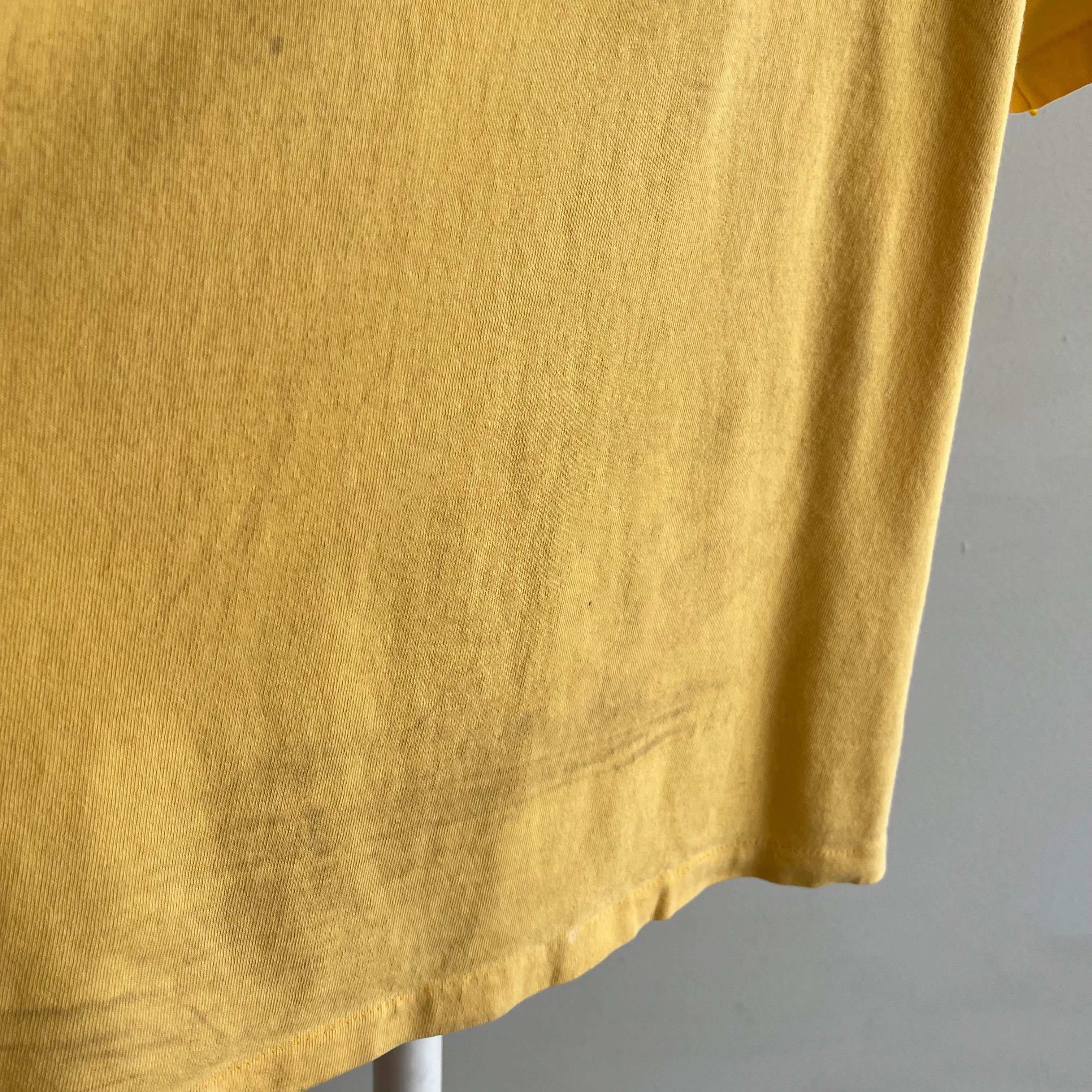 1990s Pale Buttery Yellow HHW Nicely Stained in All the Right Ways Cotton T-Shirt