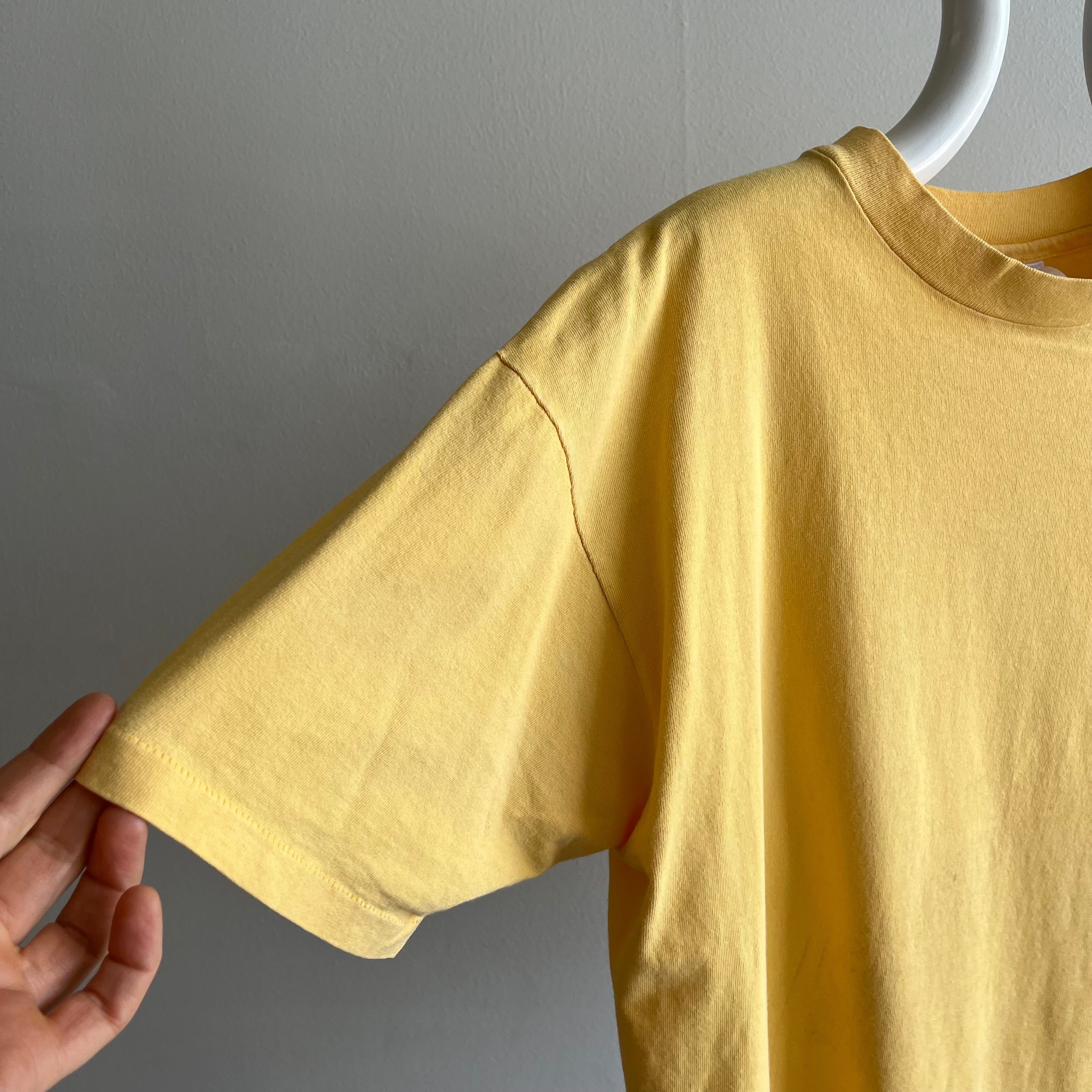 1990s Pale Buttery Yellow HHW Nicely Stained in All the Right Ways Cotton T-Shirt