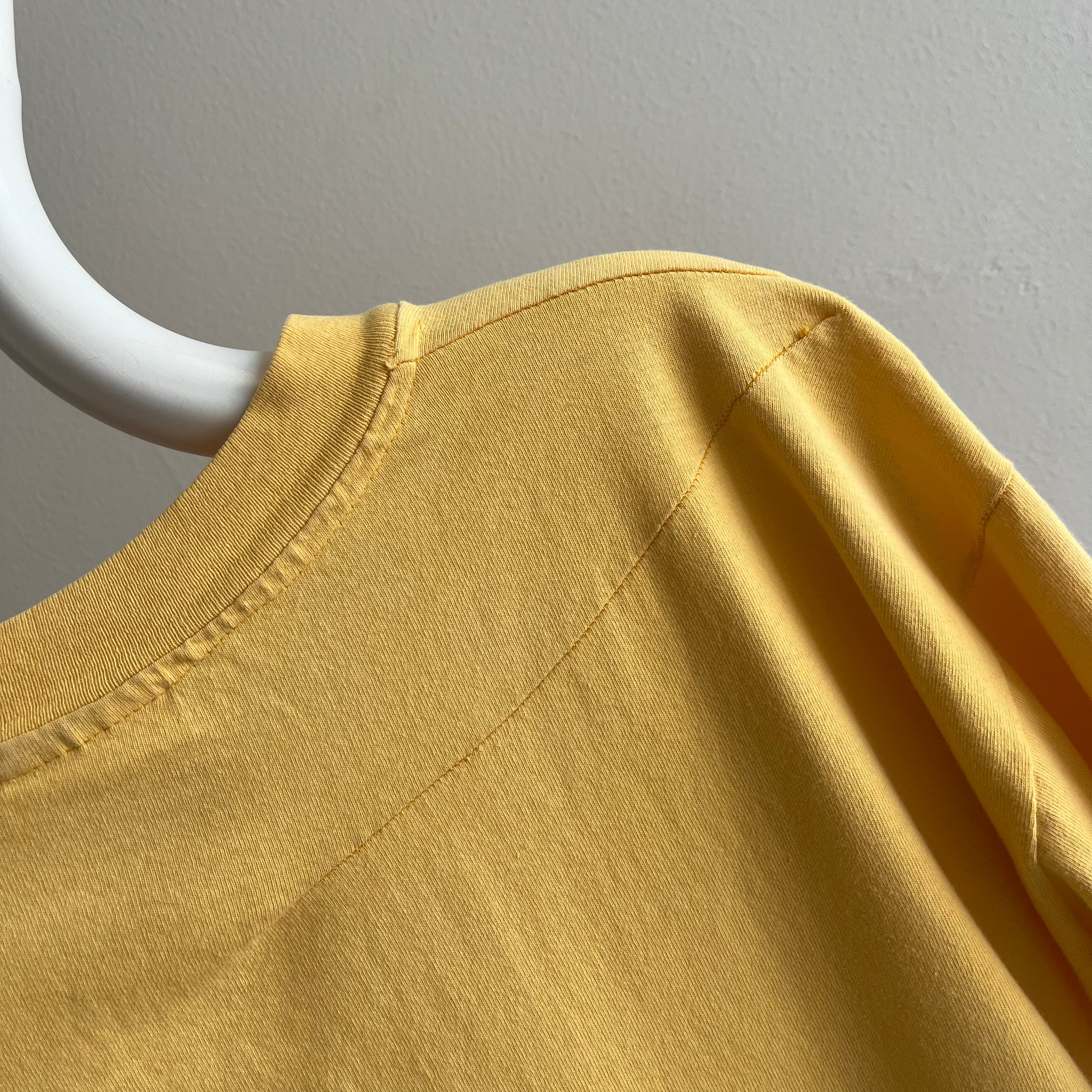 1990s Pale Buttery Yellow HHW Nicely Stained in All the Right Ways Cotton T-Shirt