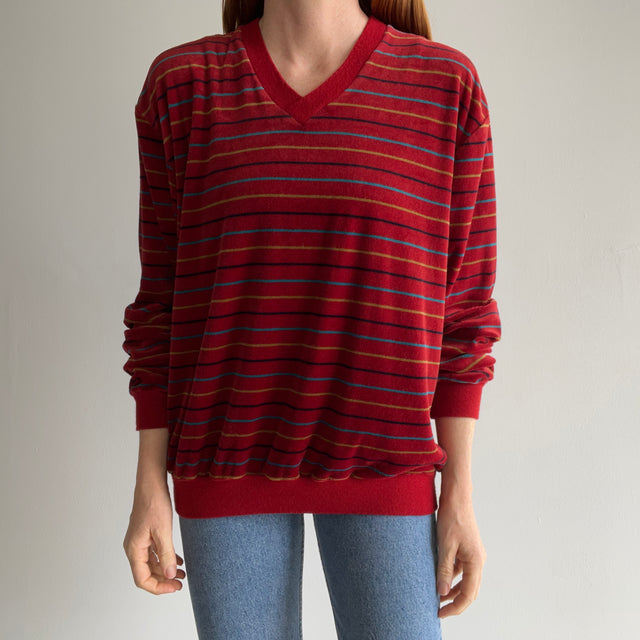 1980s Velour Striped V-Neck Sweatshirt/Sweater