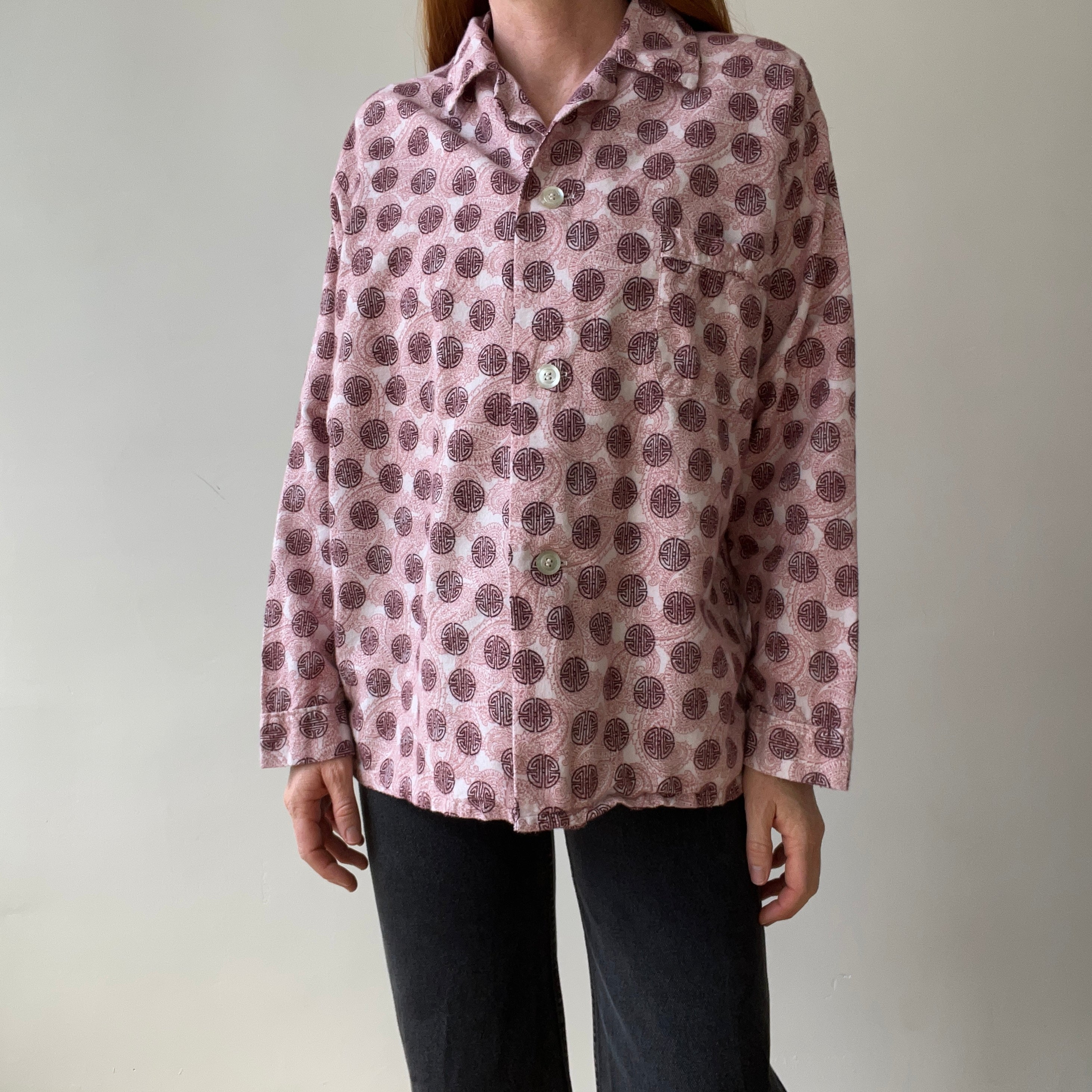 1970s Asian Inspired Flannel Pattern Pajama Shirt