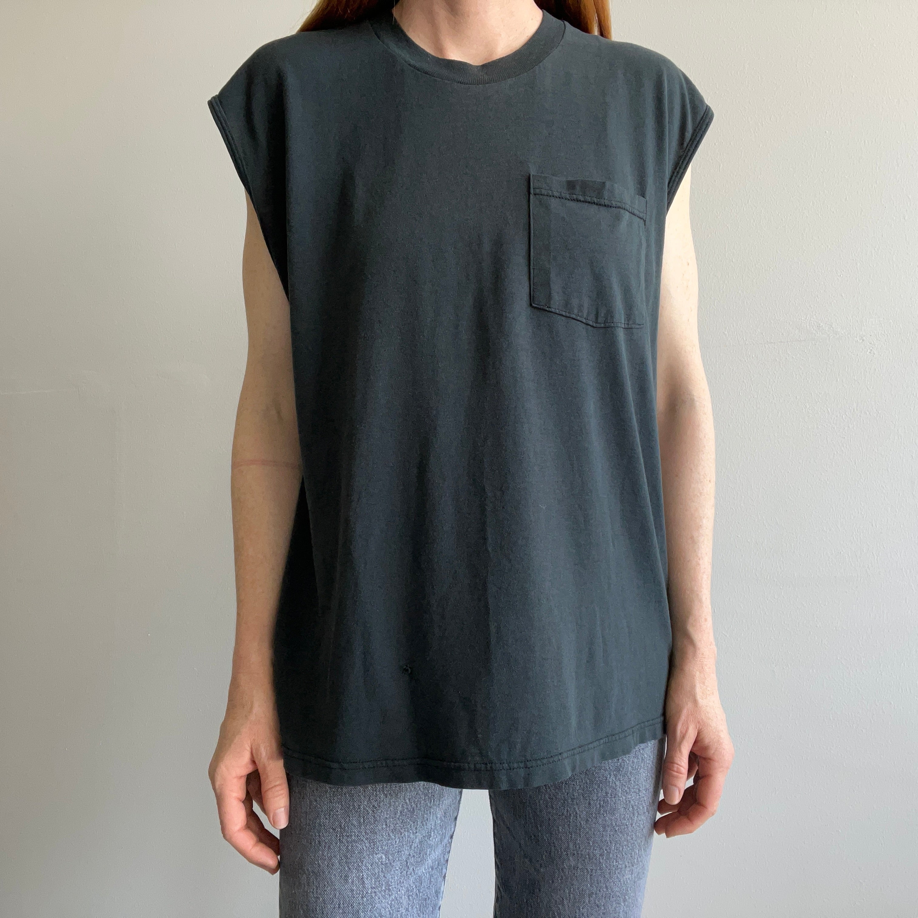 1980s FOTL Slouchy Blank Black Rolled Sleeve Muscle Tank