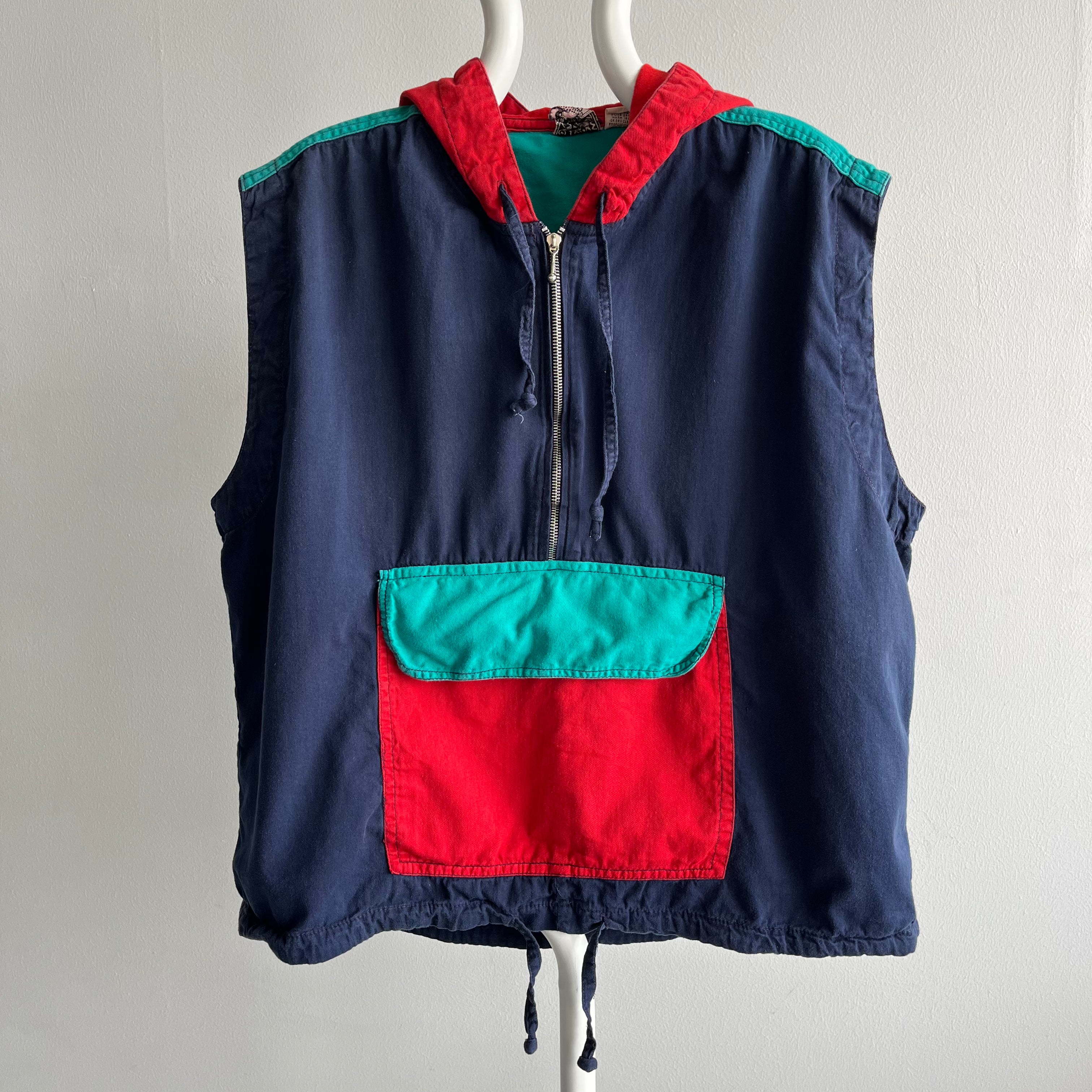 1990s Cotton Color Block 1/4 Zip Hoodie Vest