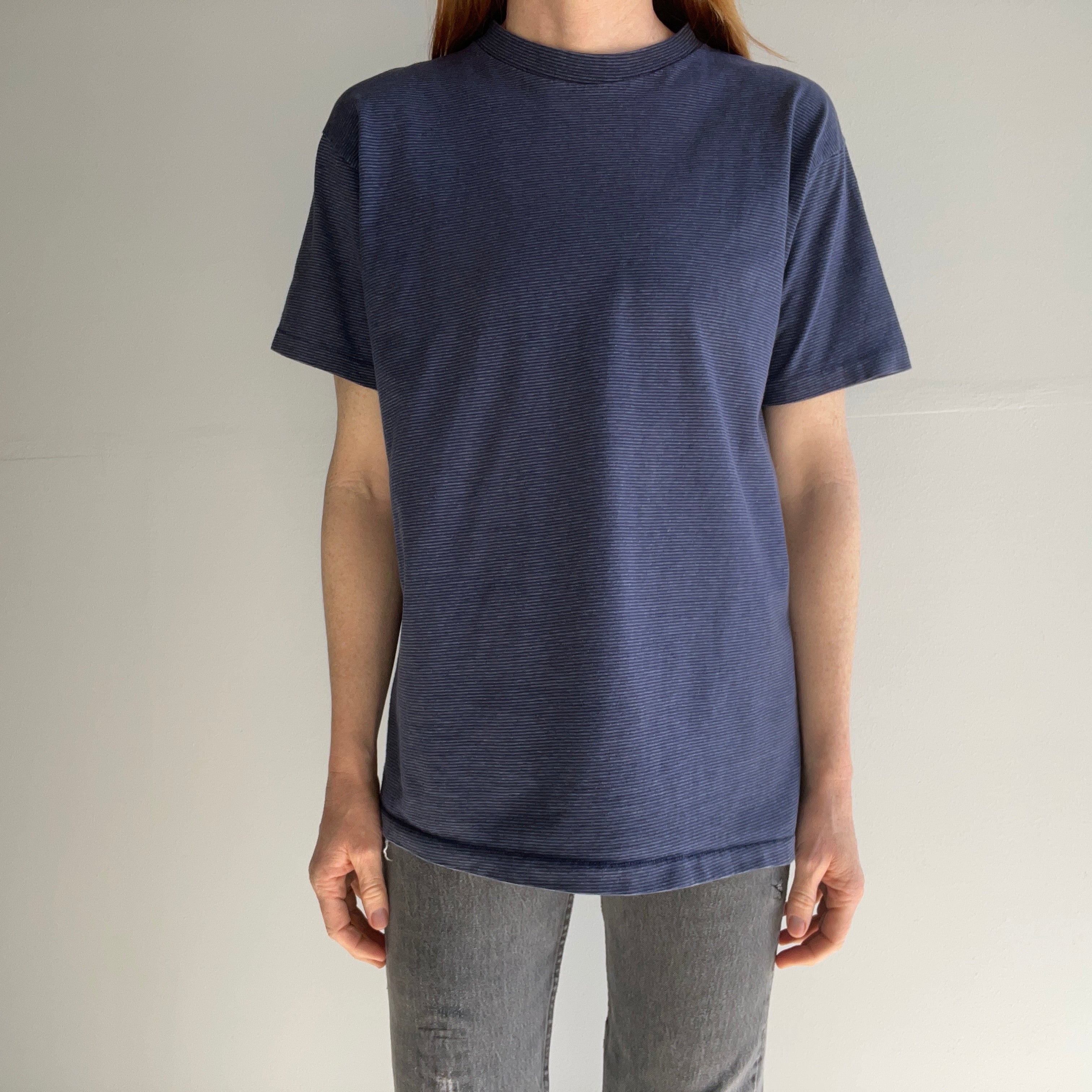 1980/90s Slate Blue Pinstripe Cotton T-Shirt