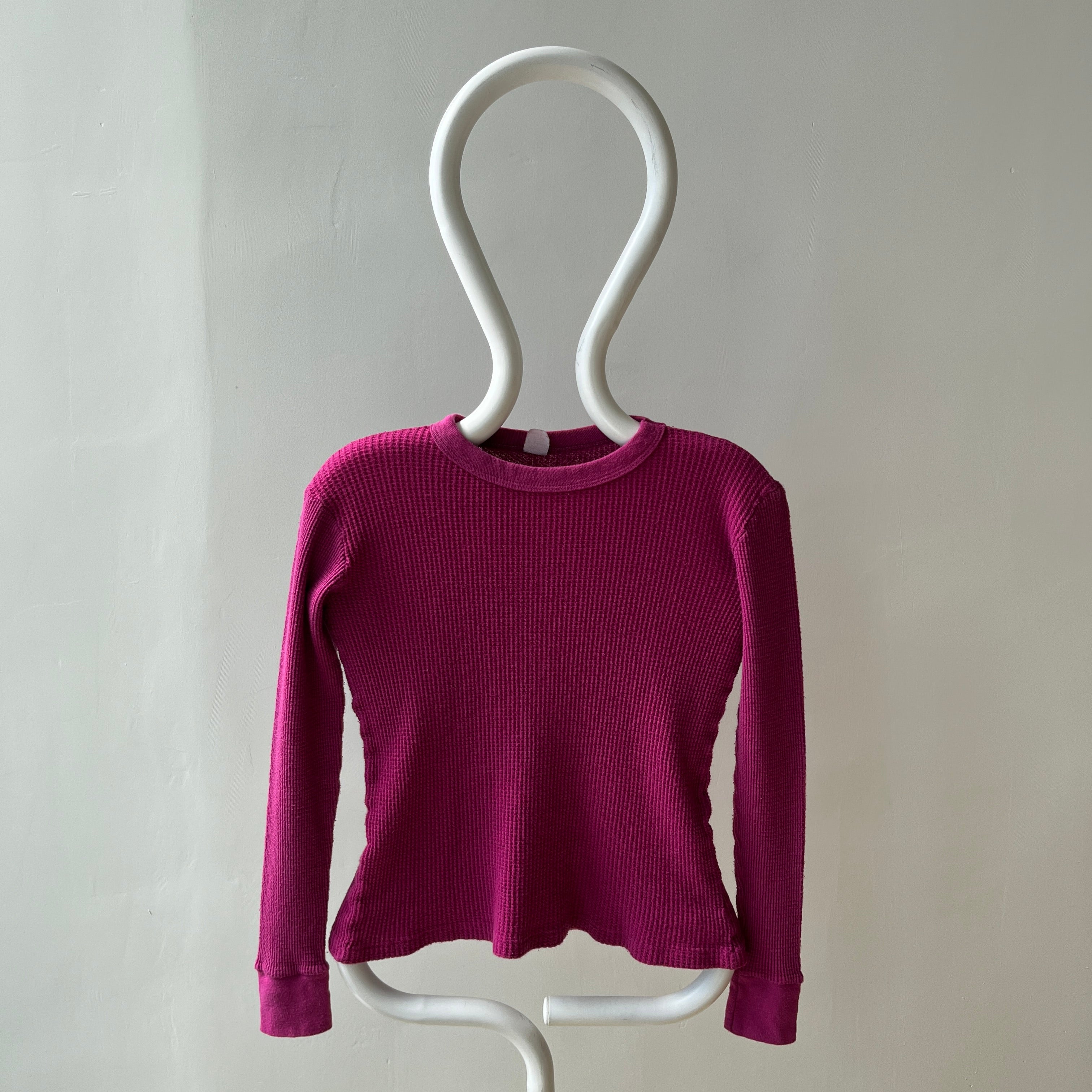 1970s Over Dyed Magenta Pink Cotton Waffle Knit Thermal