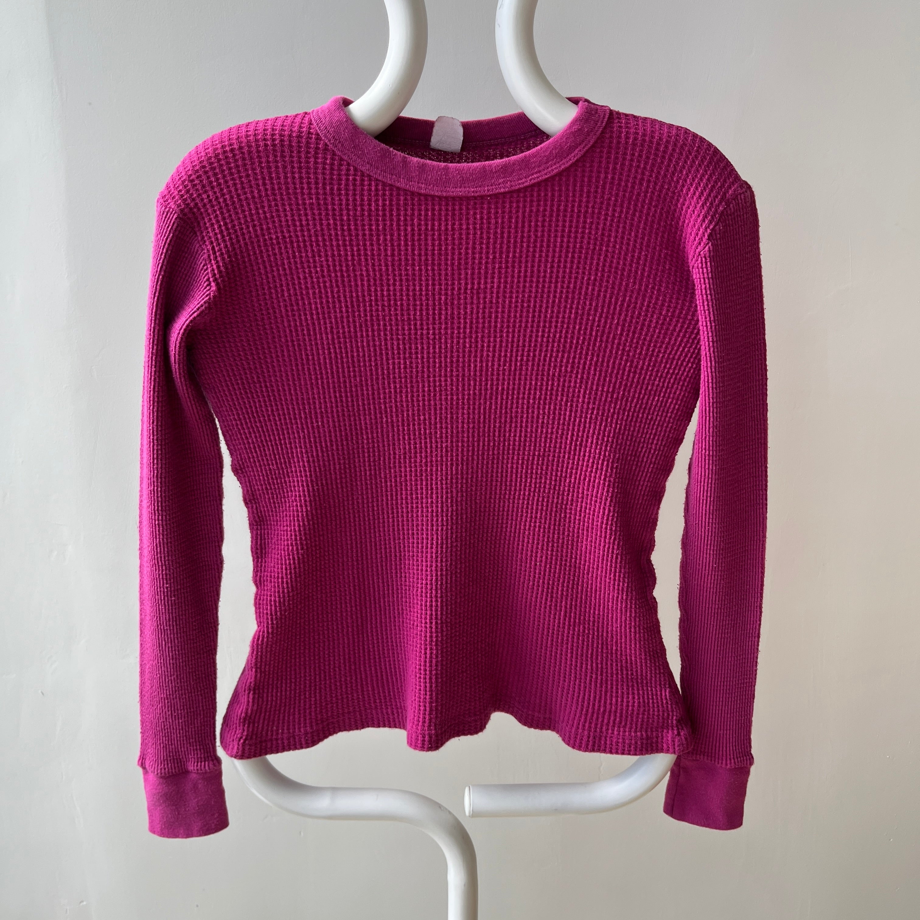 1970s Over Dyed Magenta Pink Cotton Waffle Knit Thermal