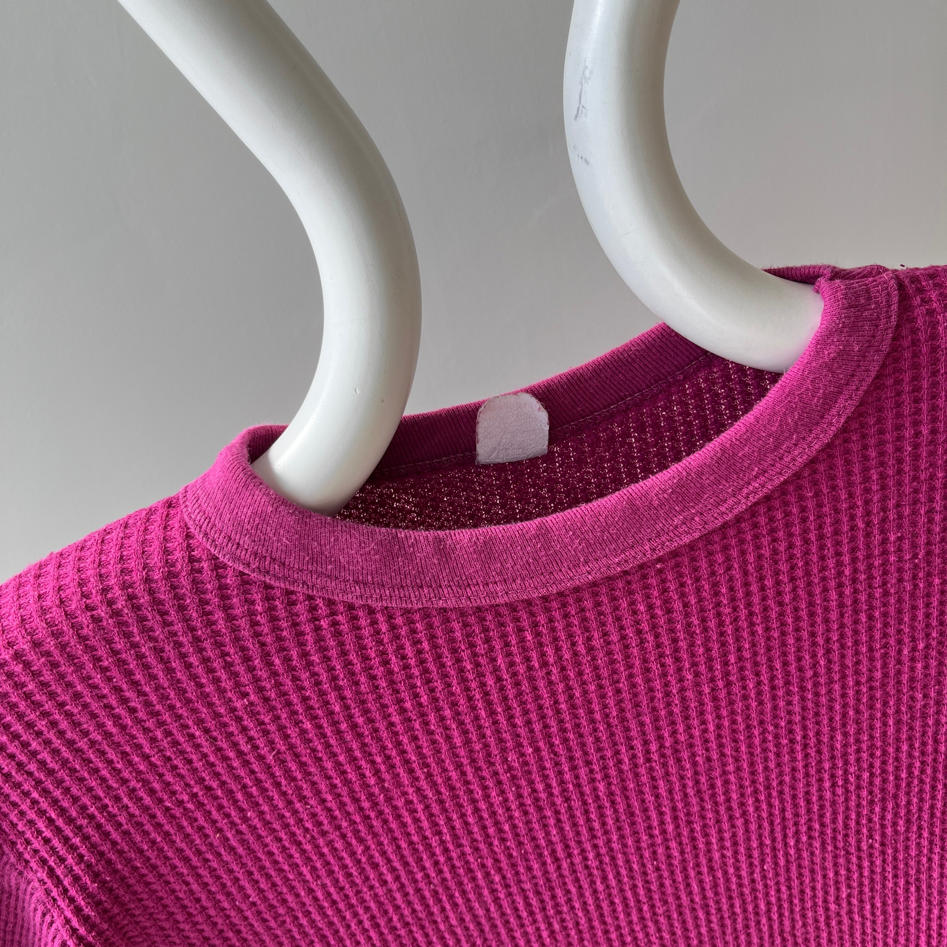 1970s Over Dyed Magenta Pink Cotton Waffle Knit Thermal