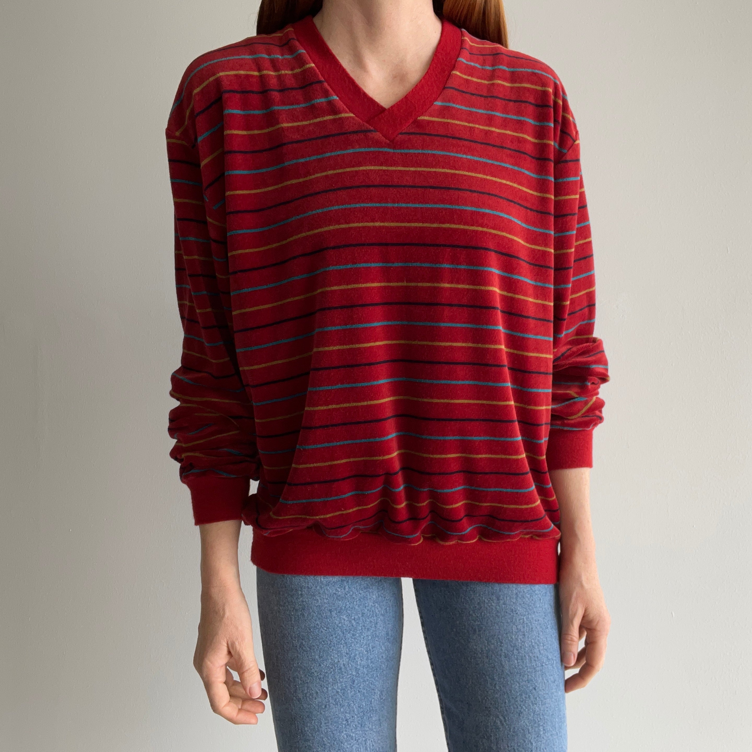 1980s Velour Striped V-Neck Sweatshirt/Sweater