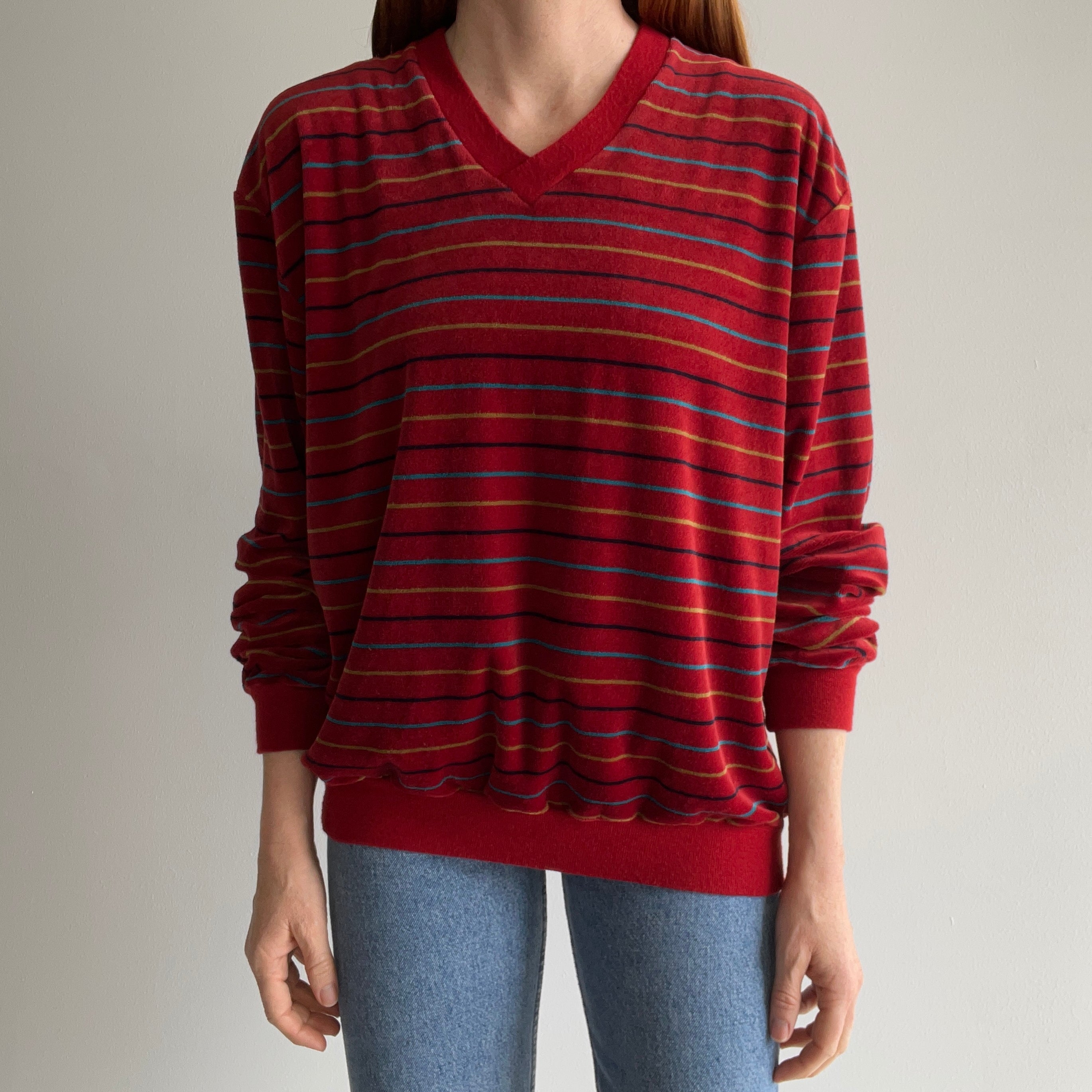 1980s Velour Striped V-Neck Sweatshirt/Sweater