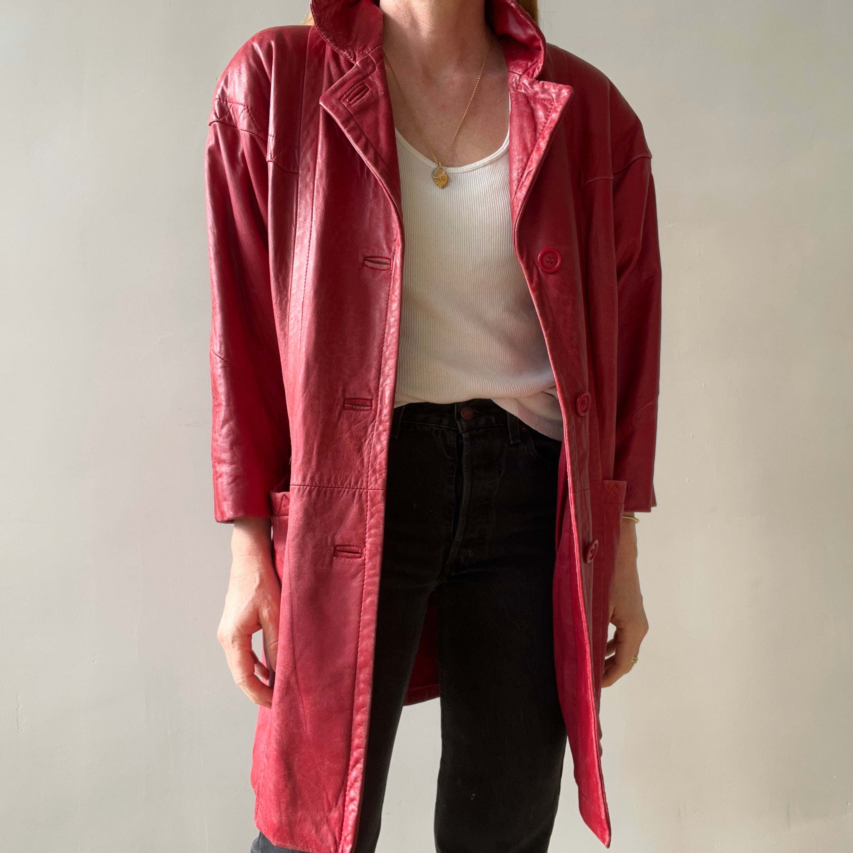 1980s Red Leather Midi Jacket/Coat