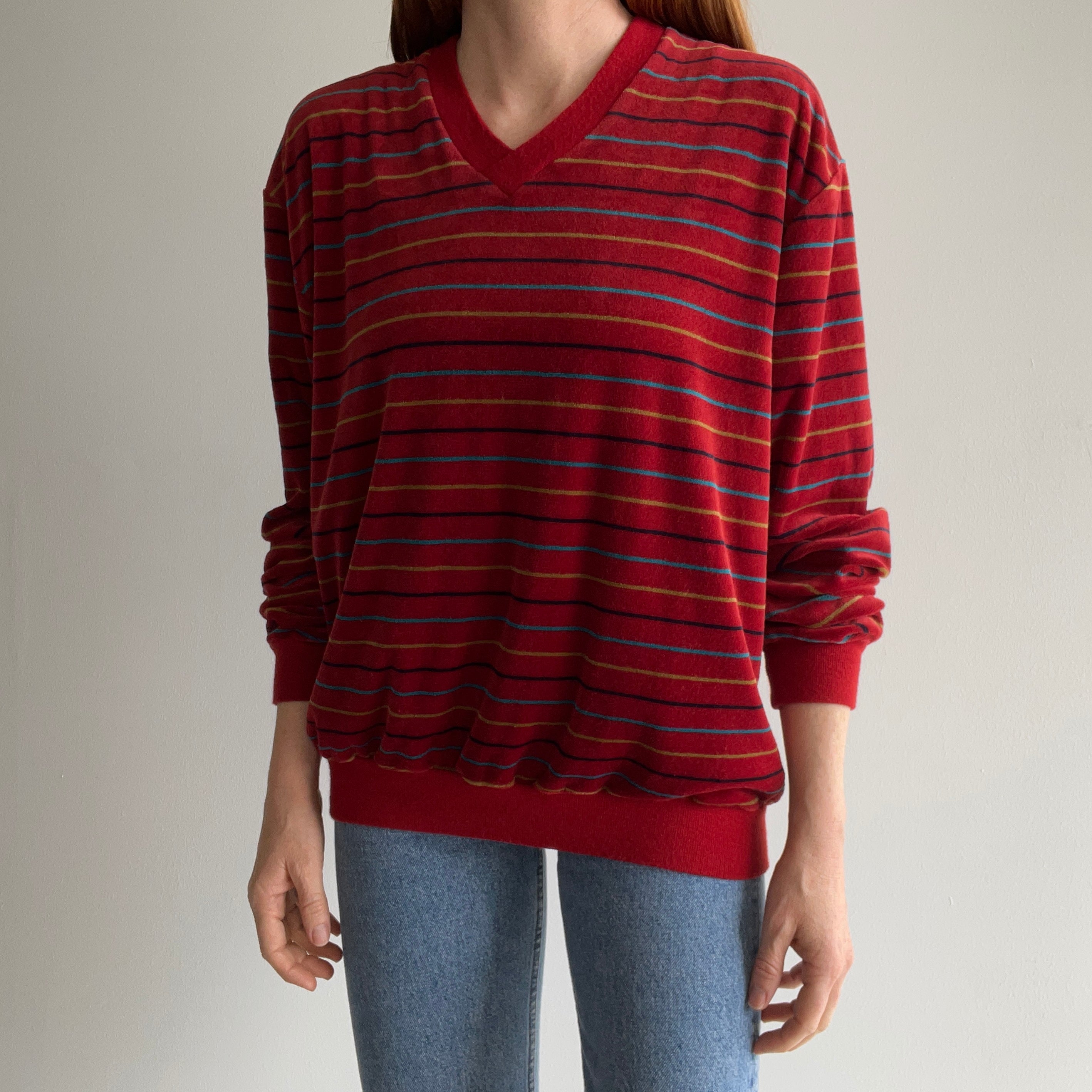 1980s Velour Striped V-Neck Sweatshirt/Sweater