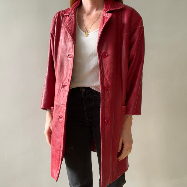 1980s Red Leather Midi Jacket/Coat