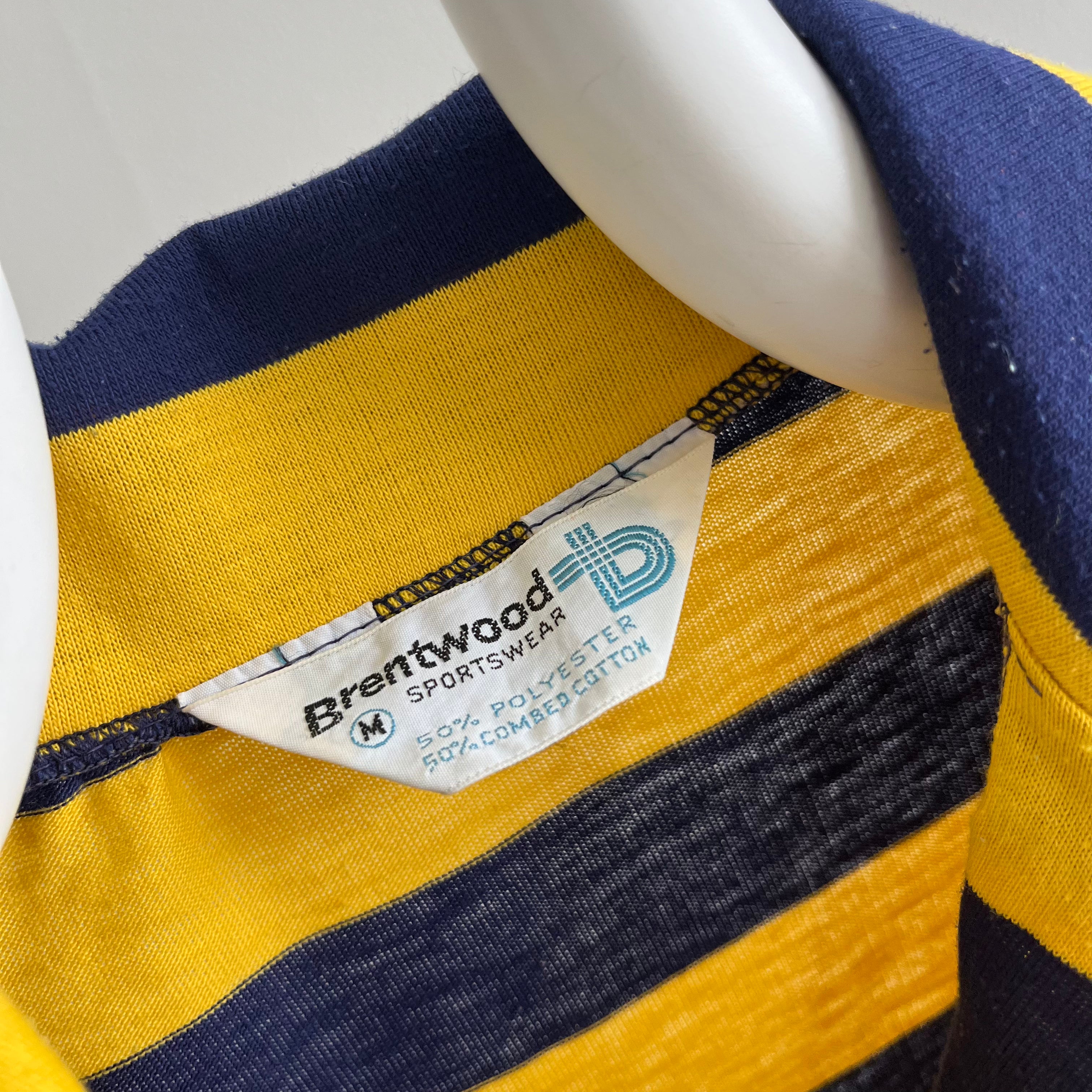 1970s Yellow and Navy Cotton/Poly Striped Polo Shirt with Stains