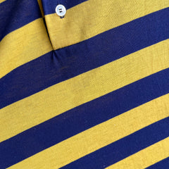 1970s Yellow and Navy Cotton/Poly Striped Polo Shirt with Stains