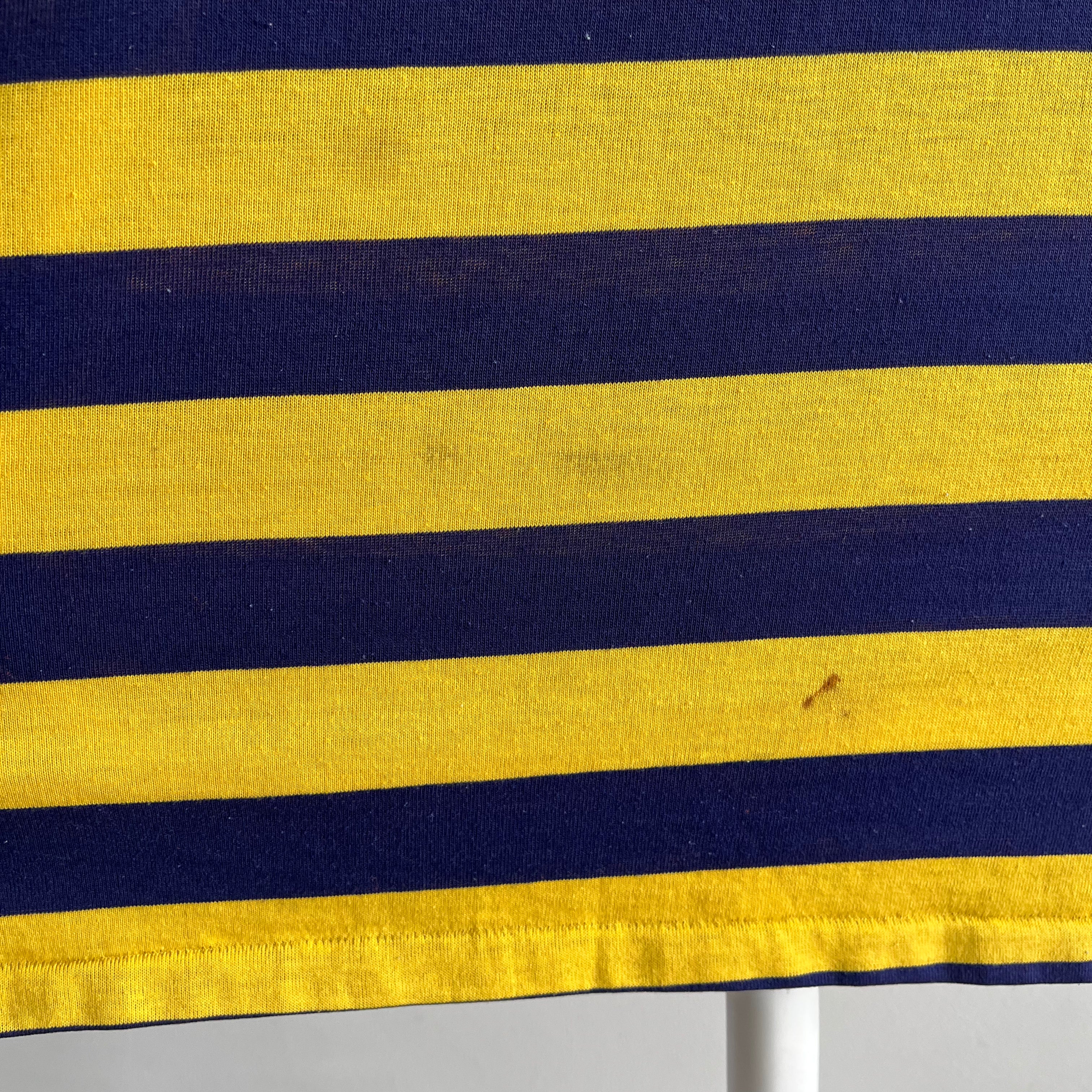 1970s Yellow and Navy Cotton/Poly Striped Polo Shirt with Stains