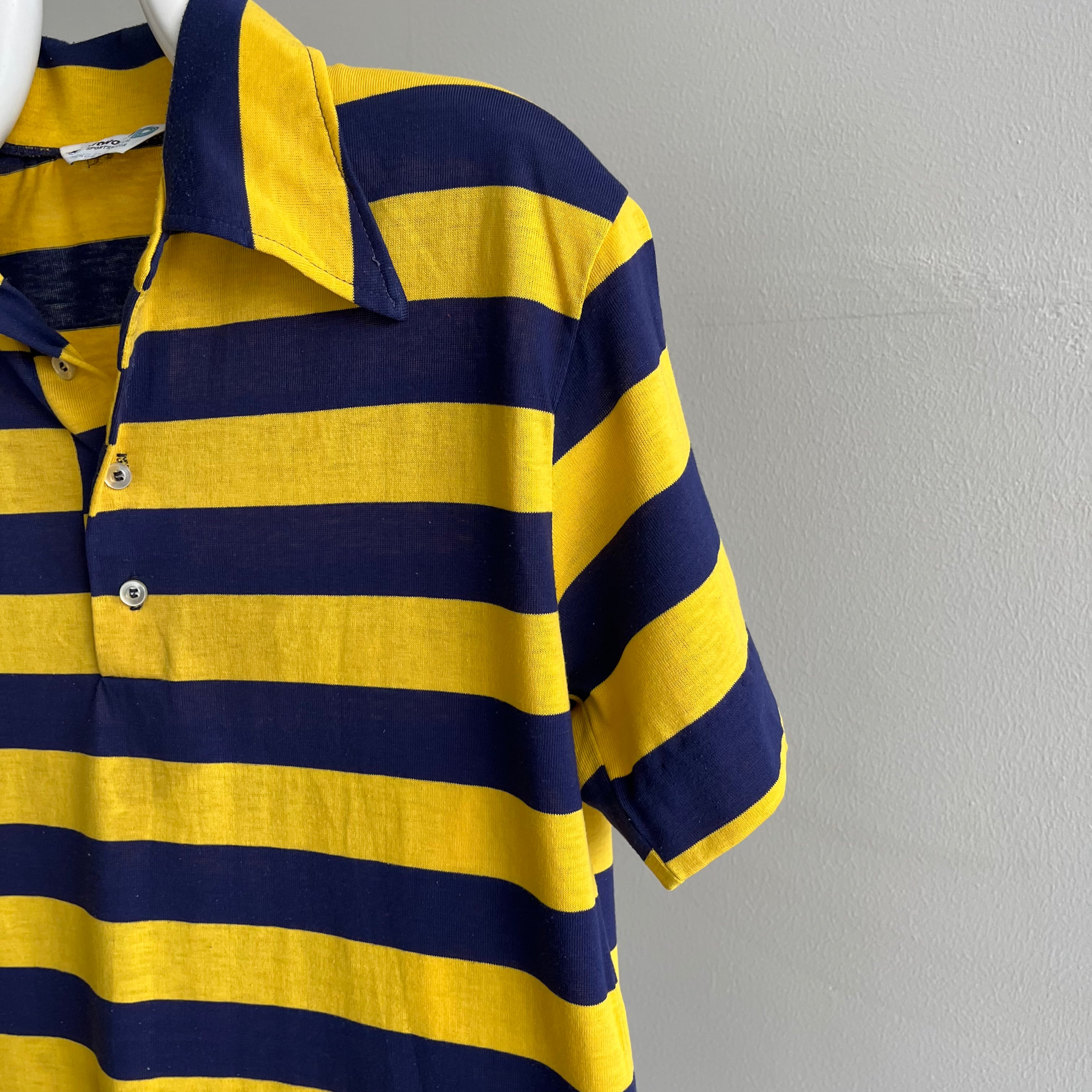 1970s Yellow and Navy Cotton/Poly Striped Polo Shirt with Stains