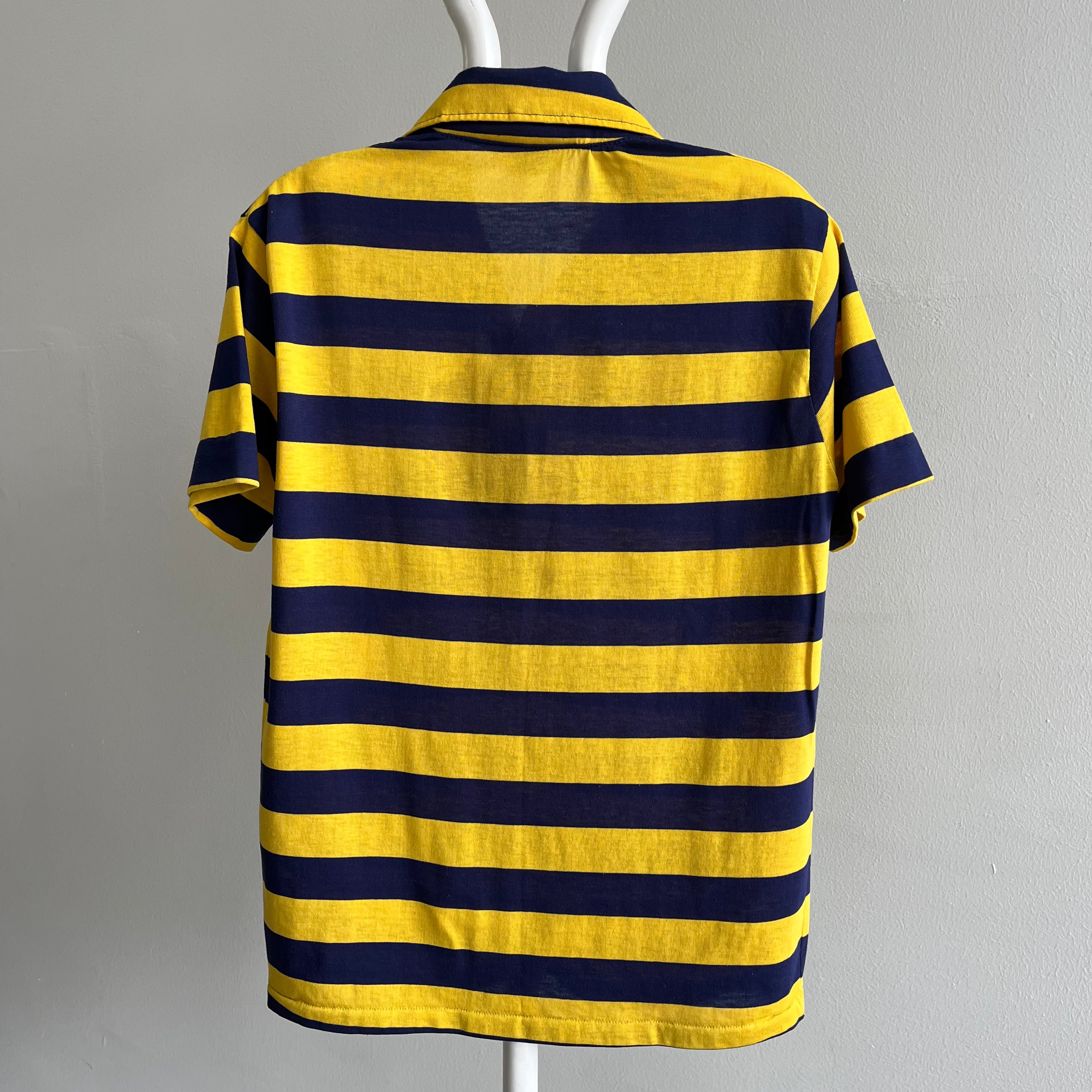 1970s Yellow and Navy Cotton/Poly Striped Polo Shirt with Stains