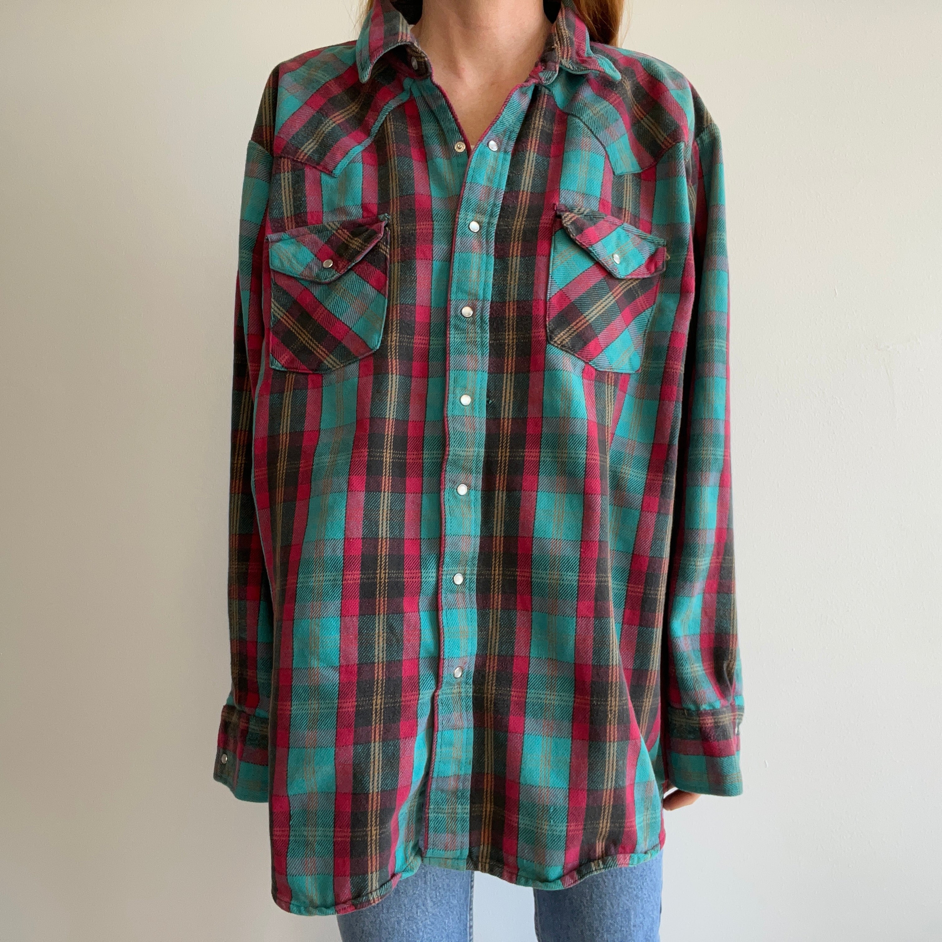 1990s Larger Relaxed Fit Osh Kosh Cotton Cowboy Flannel Jacket (?)