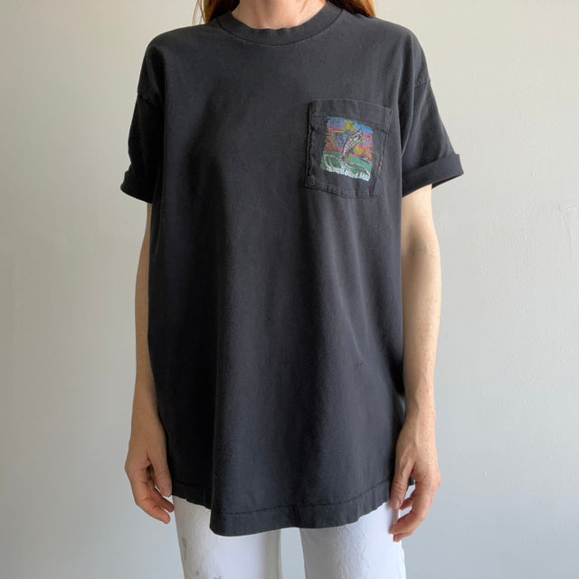 1980/90s Black Pocket T-Shirt with a Fish on It - Cool/Random