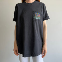 1980/90s Black Pocket T-Shirt with a Fish on It - Cool/Random