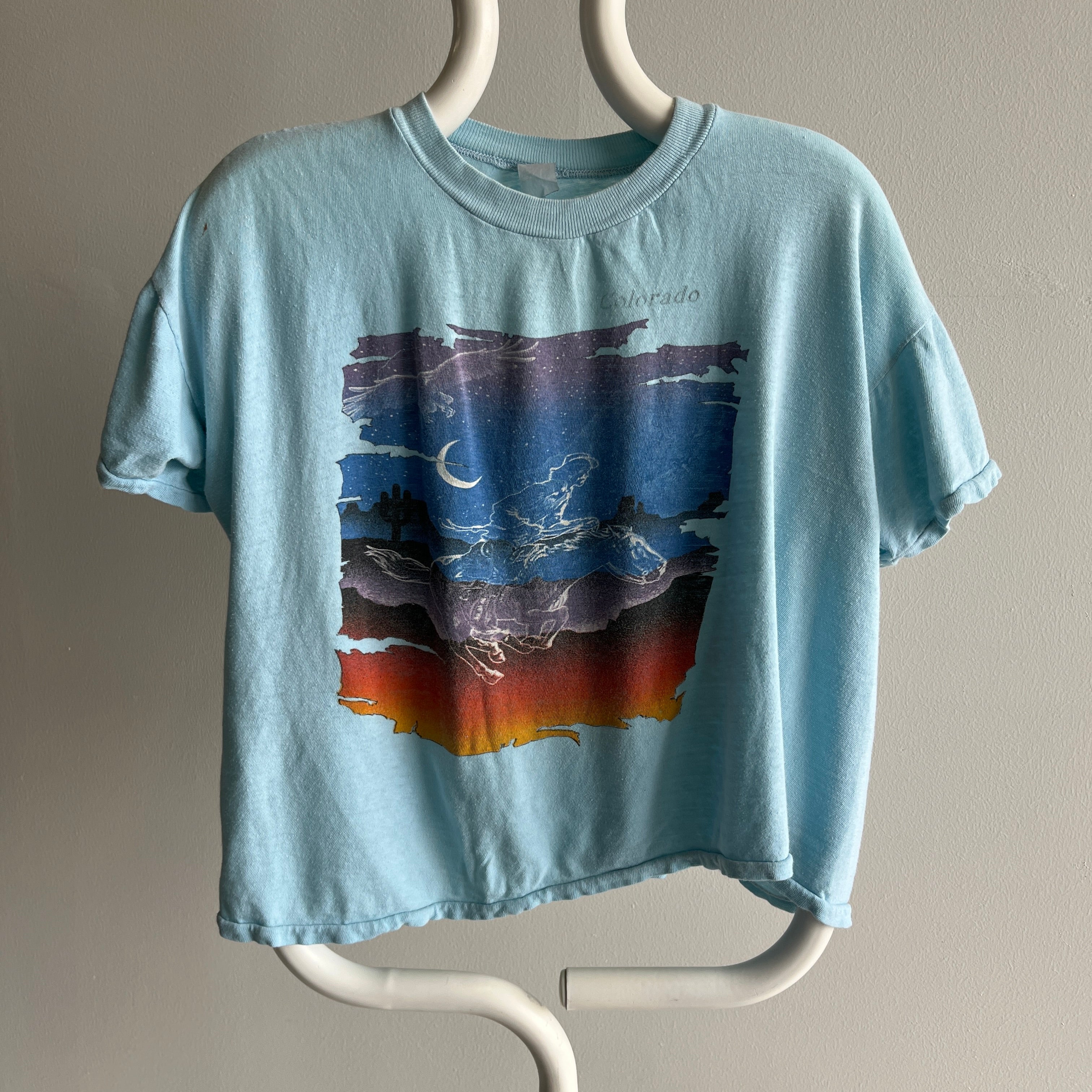 1980s Colorado Cowboy Slouchy Cotton Knit T-Shirt Worn with Holes - !!!