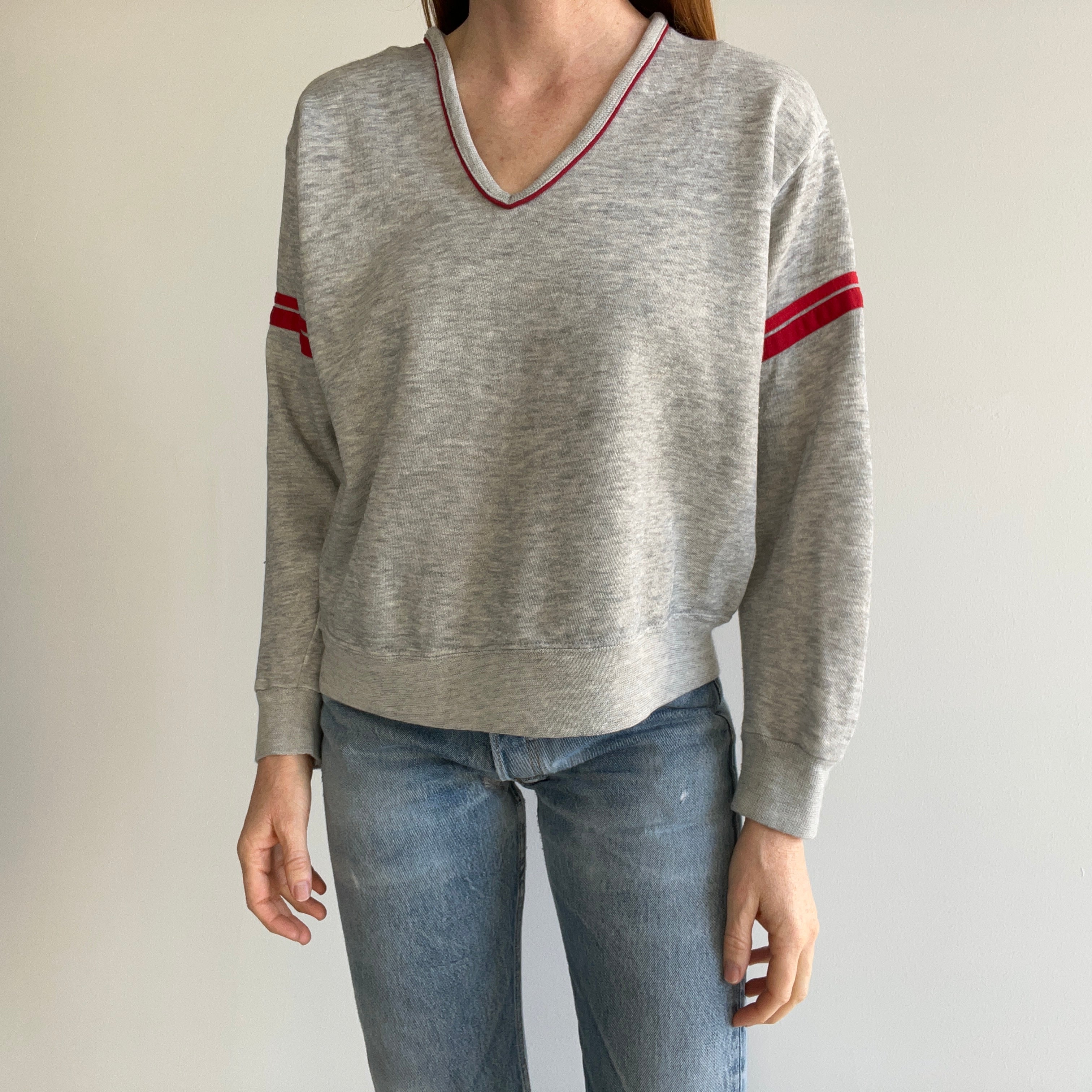 1980s Ruth's Paper Thin Worn Out Bassett Walker Double Stripe V-Neck Sweatshirt