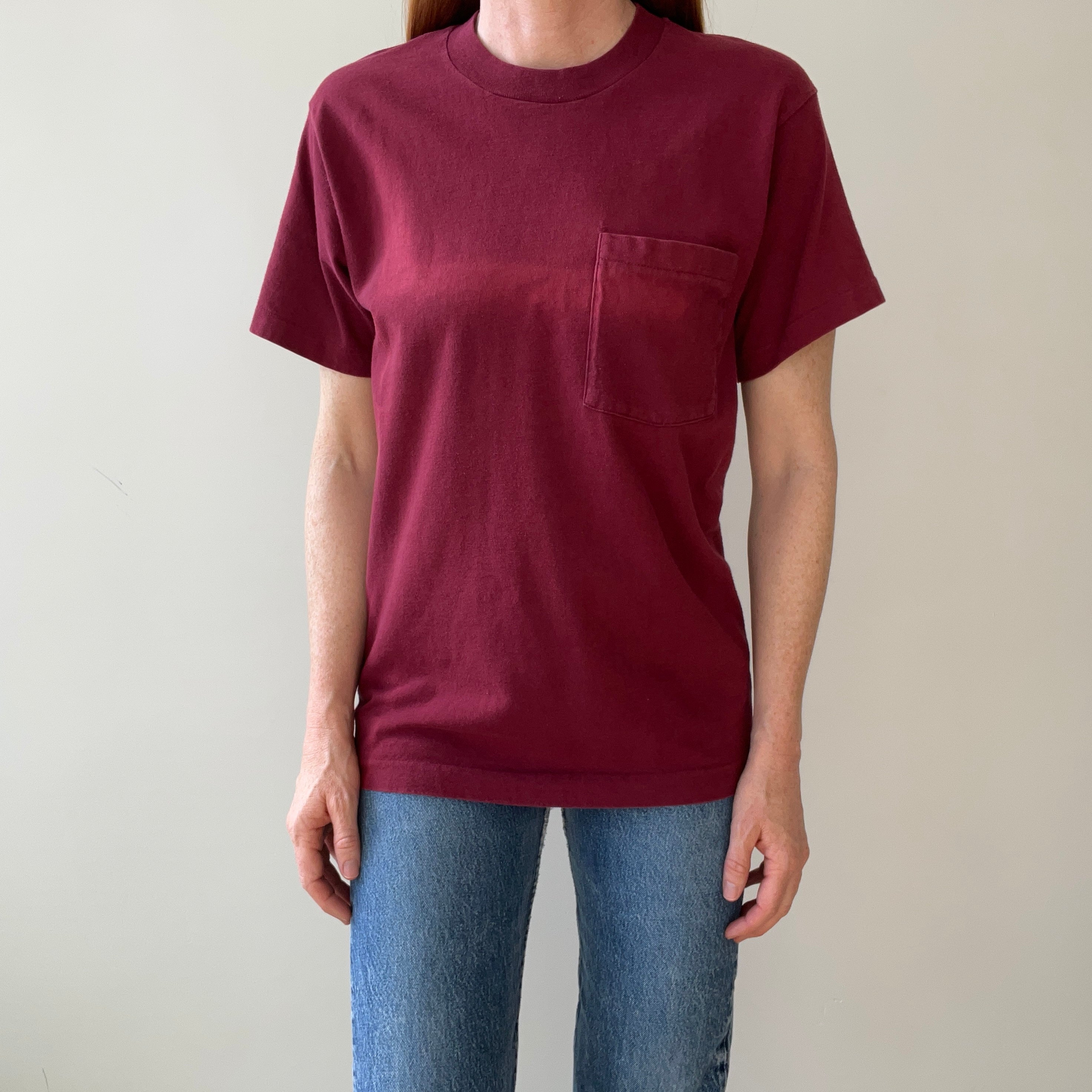 1990s Blank Burgundy Faded Pocket T Shirt