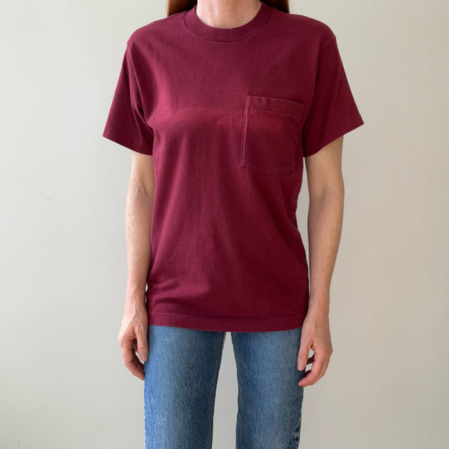 1990s Blank Burgundy Faded Pocket T Shirt