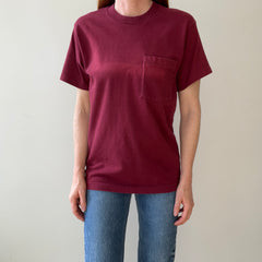 1990s Blank Burgundy Faded Pocket T Shirt