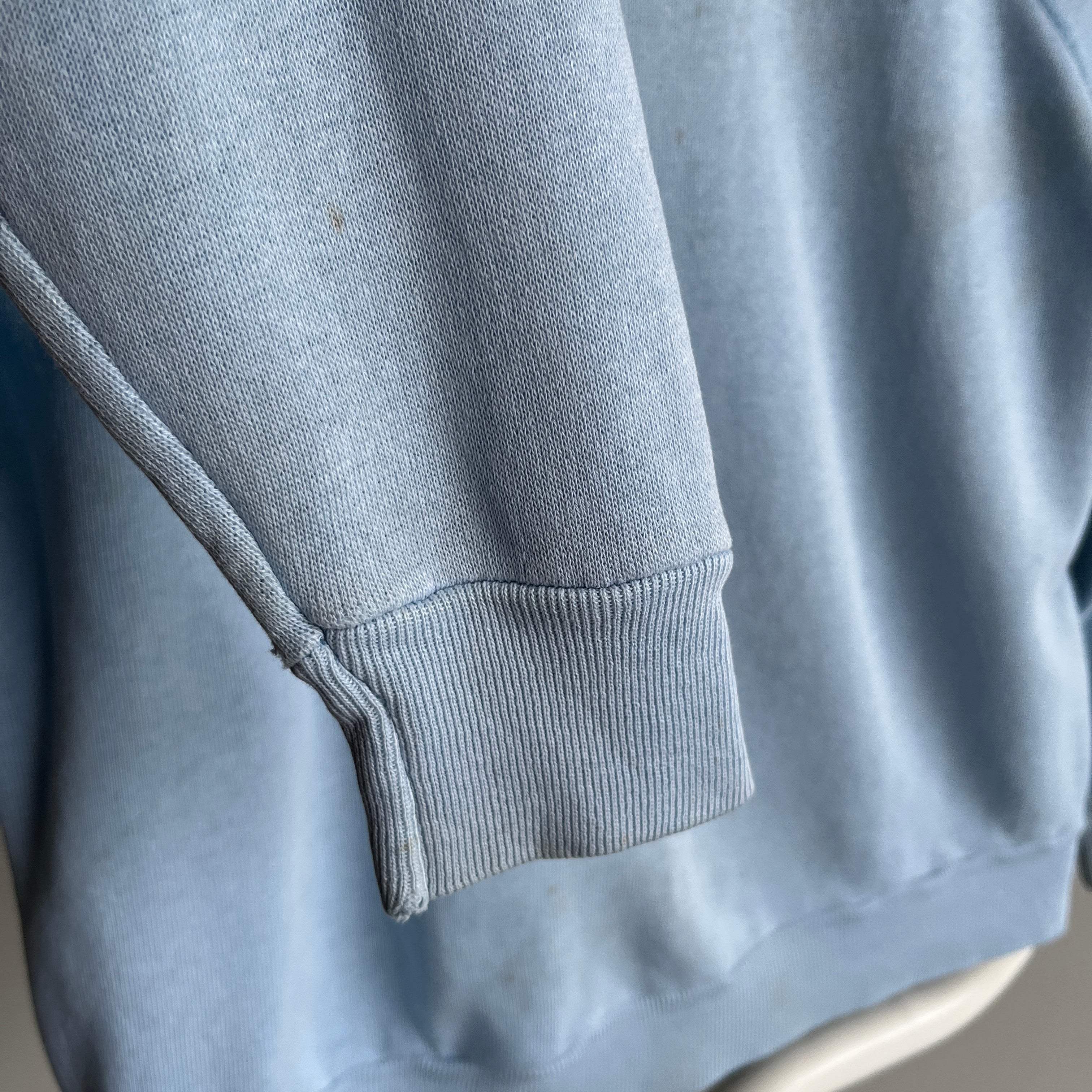 1980s Perfectly Stained and Worn Sky Blue Smaller Raglan Sweatshirt