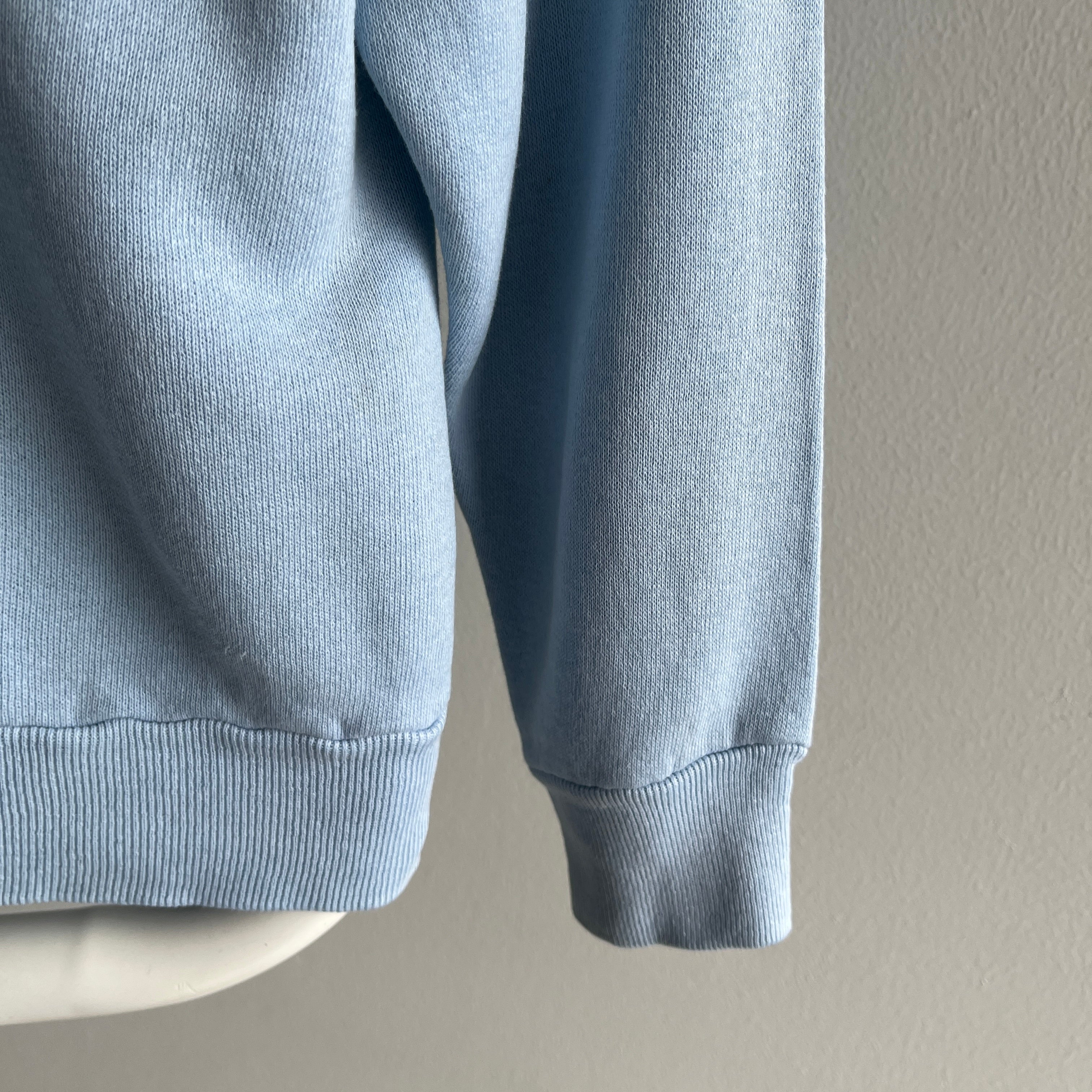 1980s Perfectly Stained and Worn Sky Blue Smaller Raglan Sweatshirt