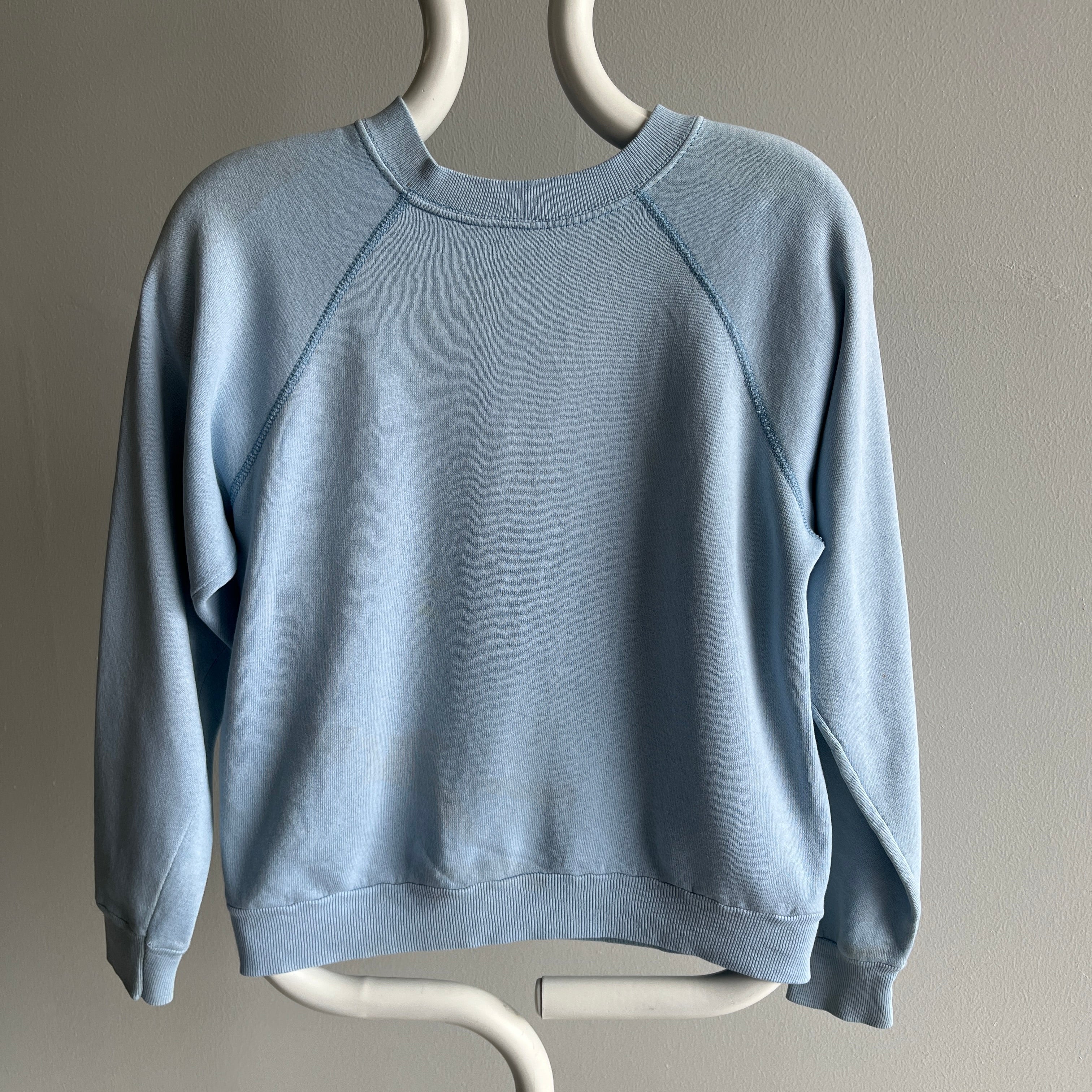 1980s Perfectly Stained and Worn Sky Blue Smaller Raglan Sweatshirt