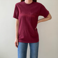1990s Blank Burgundy Faded Pocket T Shirt