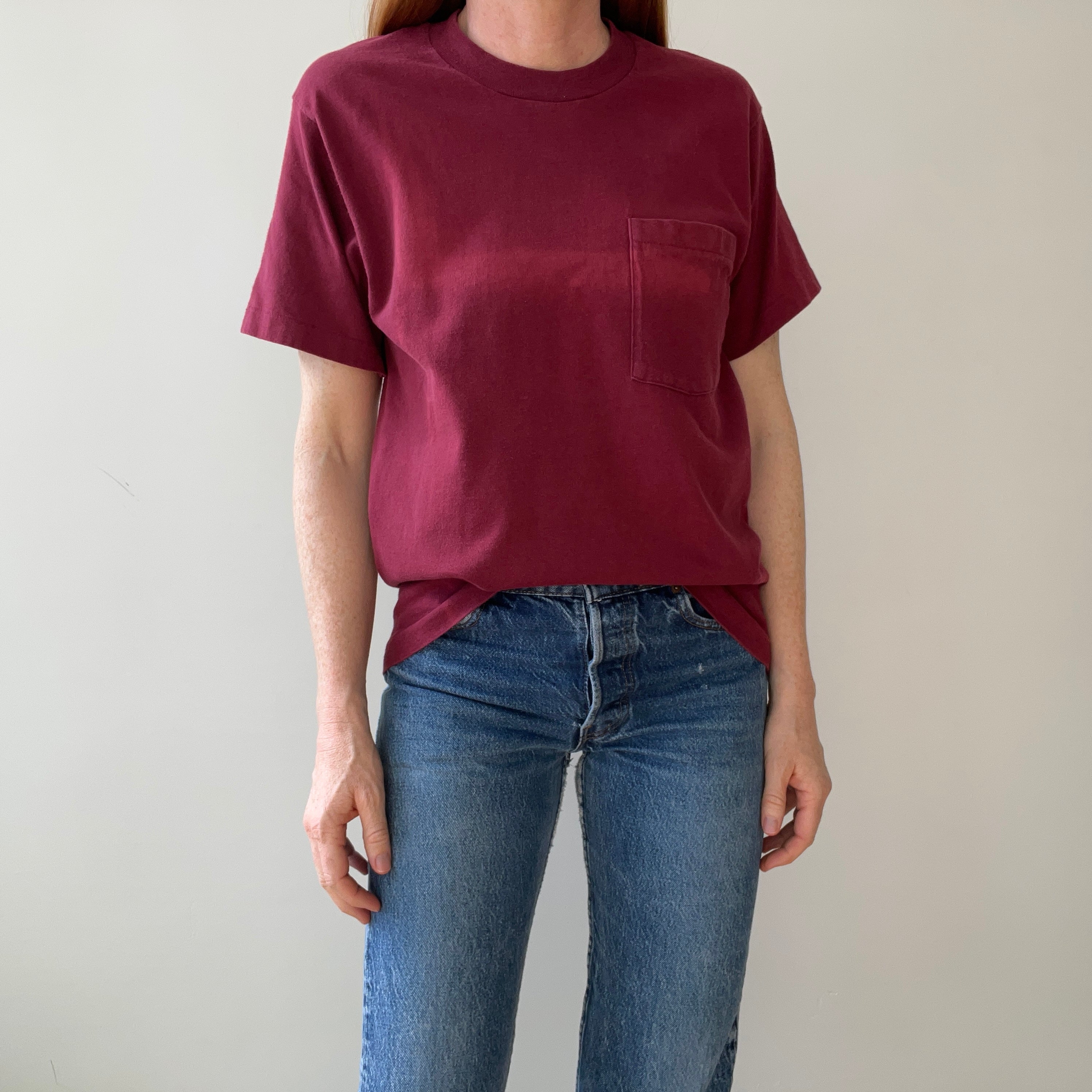 1990s Blank Burgundy Faded Pocket T Shirt