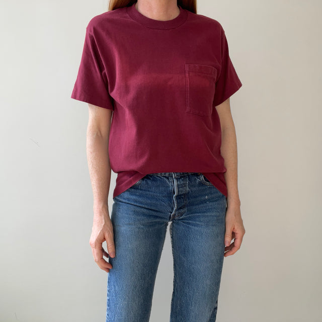 1990s Blank Burgundy Faded Pocket T Shirt