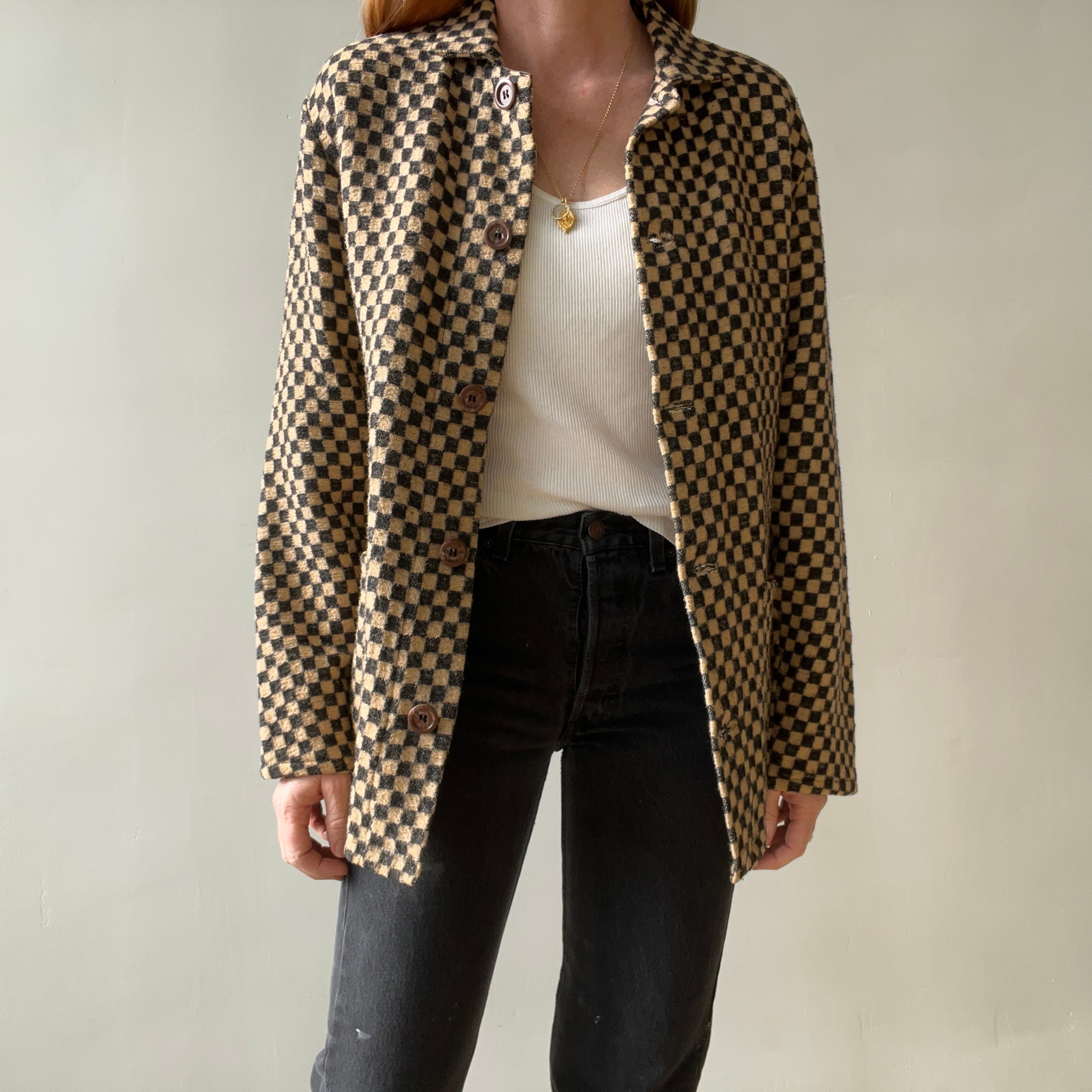 1940s Brown And Black Checkered Jacket Of Re Purposed Fabric