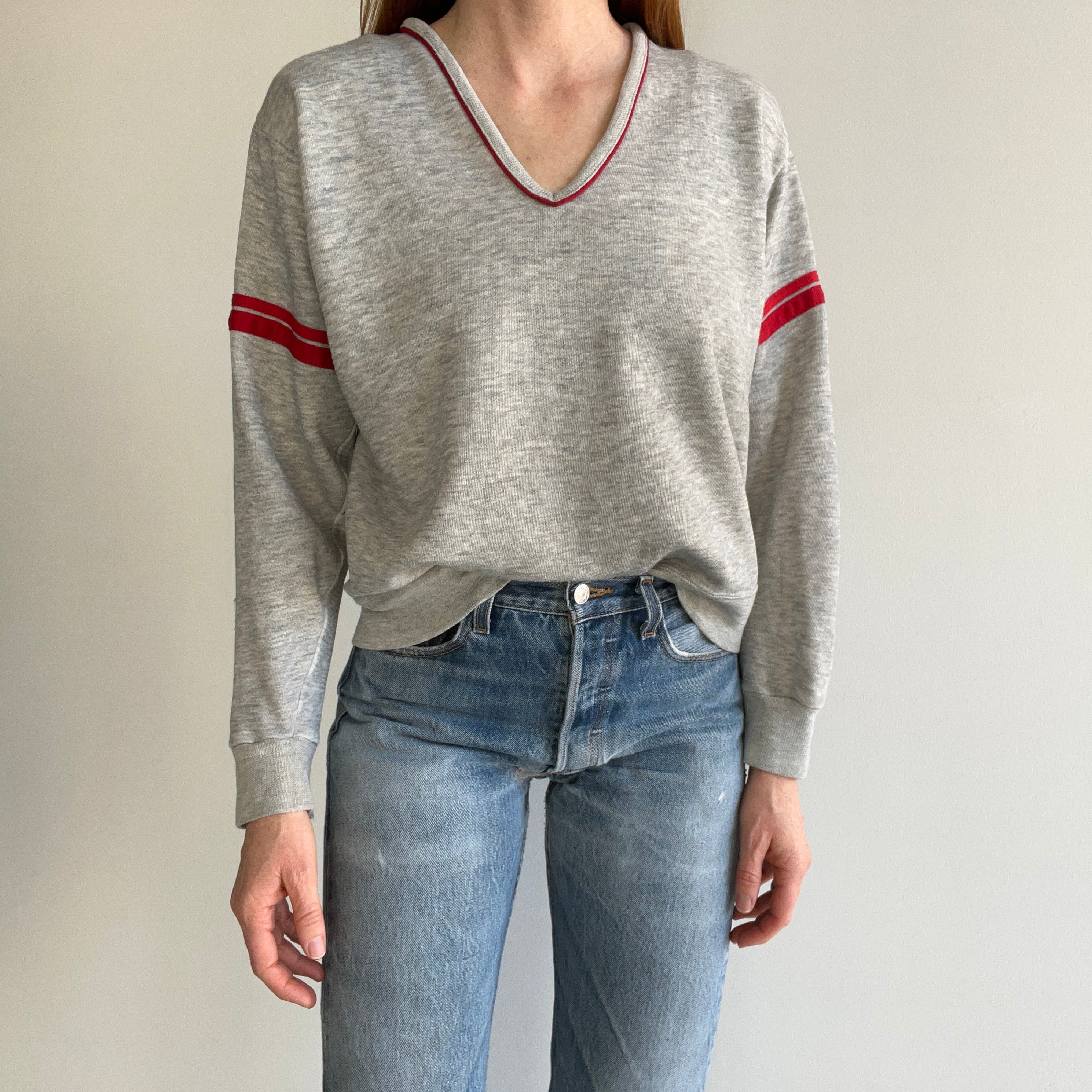 1980s Ruth's Paper Thin Worn Out Bassett Walker Double Stripe V-Neck Sweatshirt