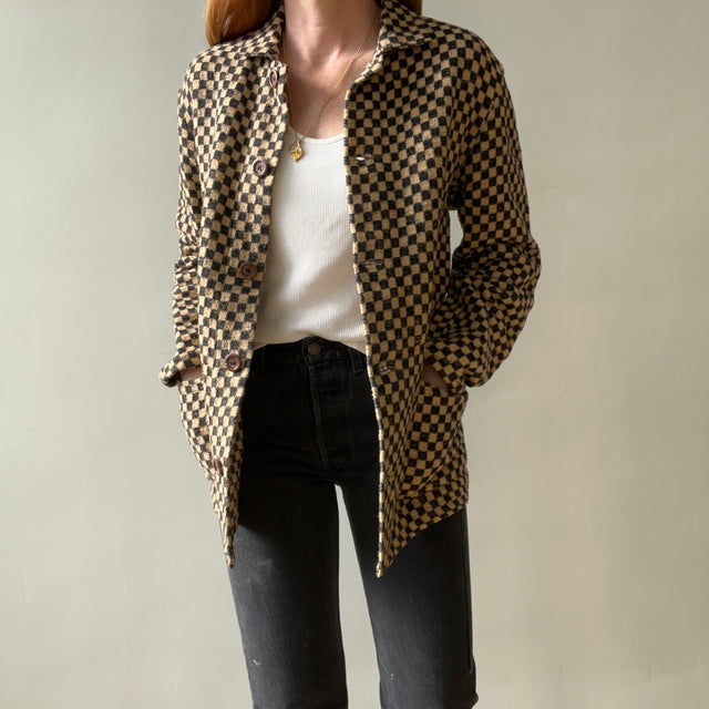 1940s Brown And Black Checkered Jacket Of Re Purposed Fabric